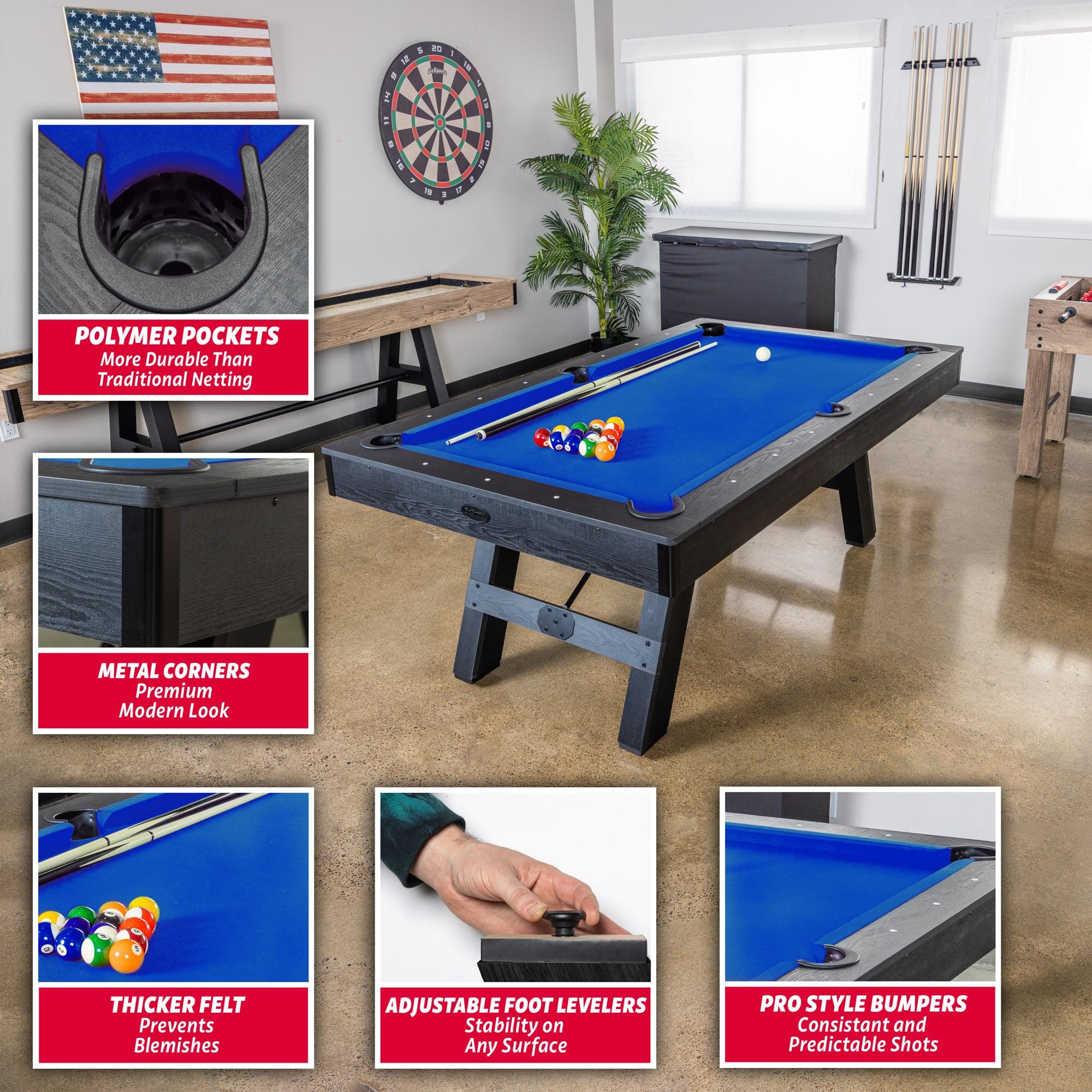 GoSports 7 ft Pool Table with Rustic Black Wood Finish - Modern Billiards Table with 2 Cue Sticks, Balls, Rack, Felt Brush and Chalk PlayGoSports.com