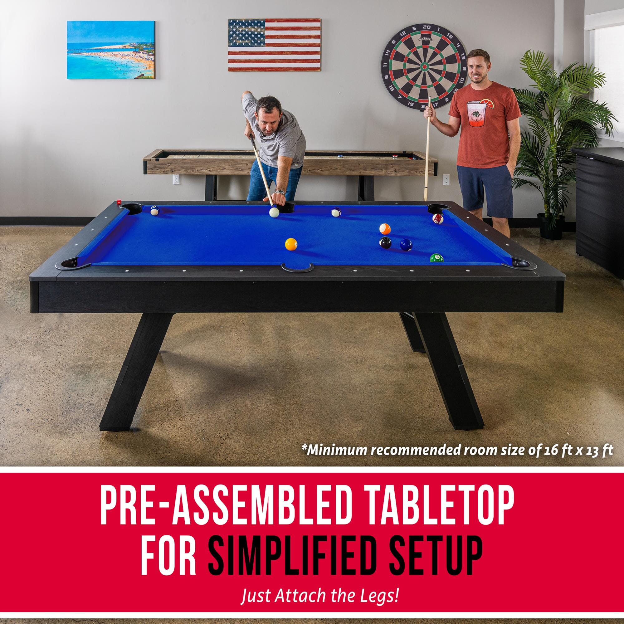 GoSports 7 ft Pool Table with Rustic Black Wood Finish - Modern Billiards Table with 2 Cue Sticks, Balls, Rack, Felt Brush and Chalk PlayGoSports.com