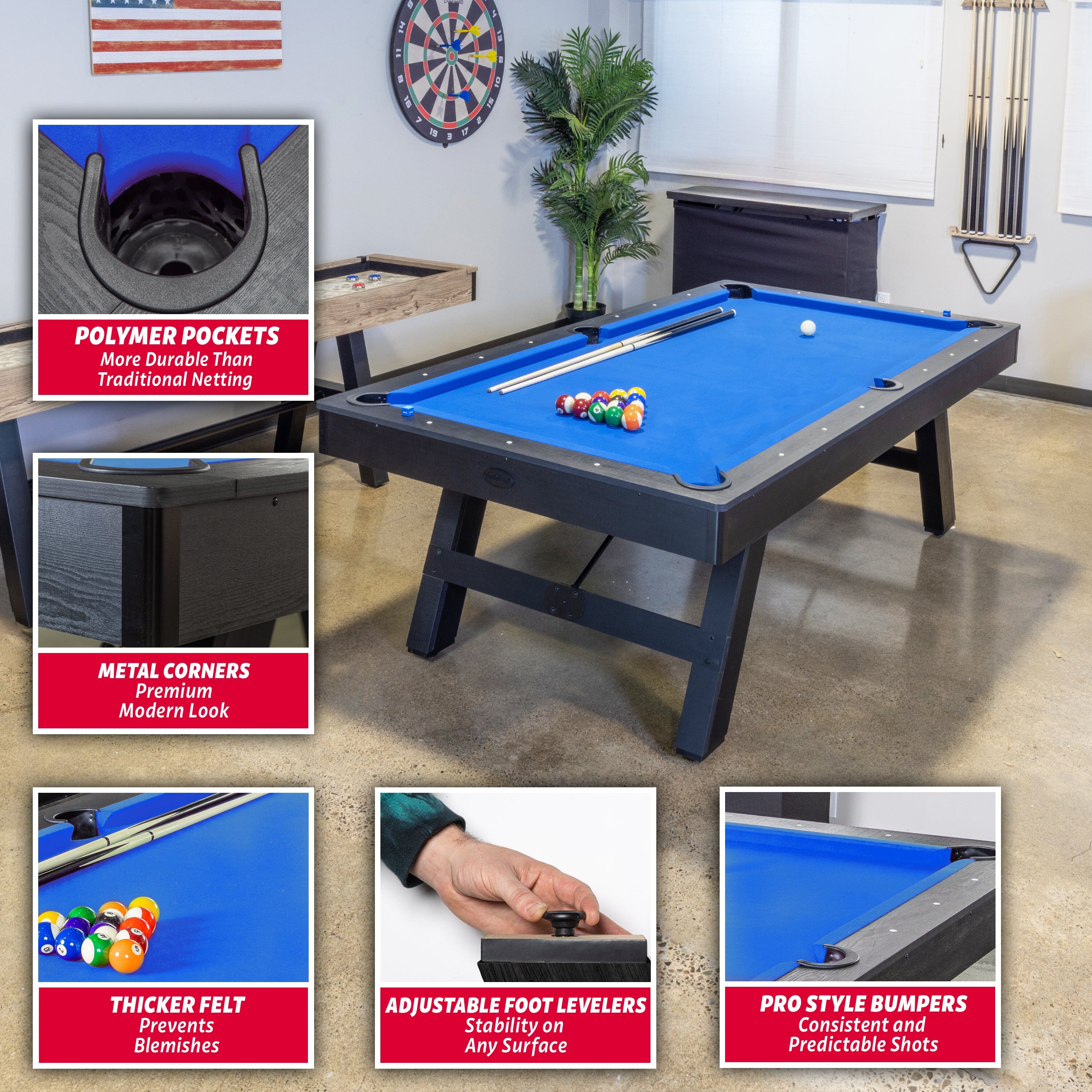 GoSports 8 ft Pool Table with Rustic Black Wood Finish - Modern Billiards Table with 2 Cue Sticks, Balls, Rack, Felt Brush and Chalk - Blue GoSports