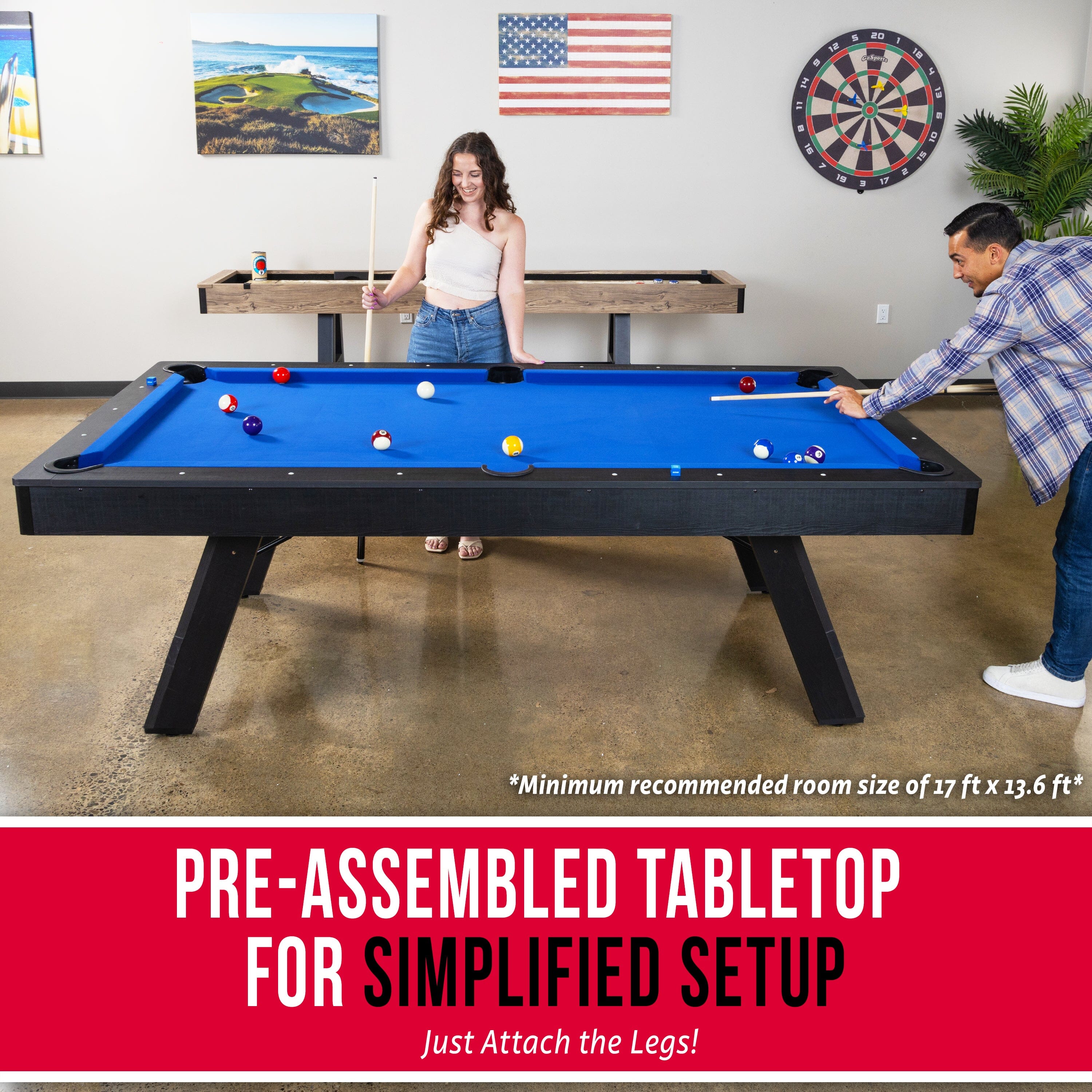 GoSports 8 ft Pool Table with Rustic Black Wood Finish - Modern Billiards Table with 2 Cue Sticks, Balls, Rack, Felt Brush and Chalk - Blue GoSports