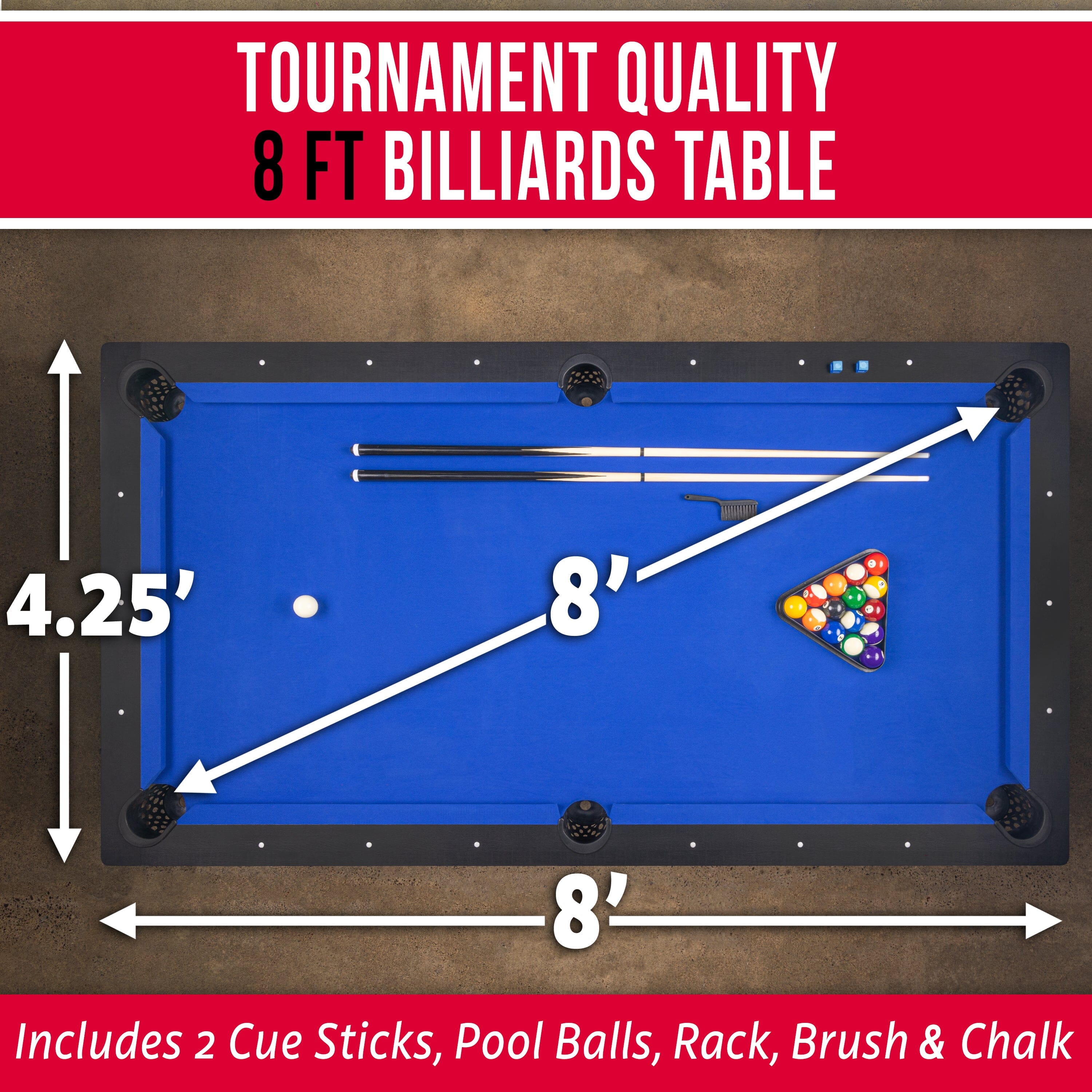 GoSports 8 ft Pool Table with Rustic Black Wood Finish - Modern Billiards Table with 2 Cue Sticks, Balls, Rack, Felt Brush and Chalk - Blue GoSports