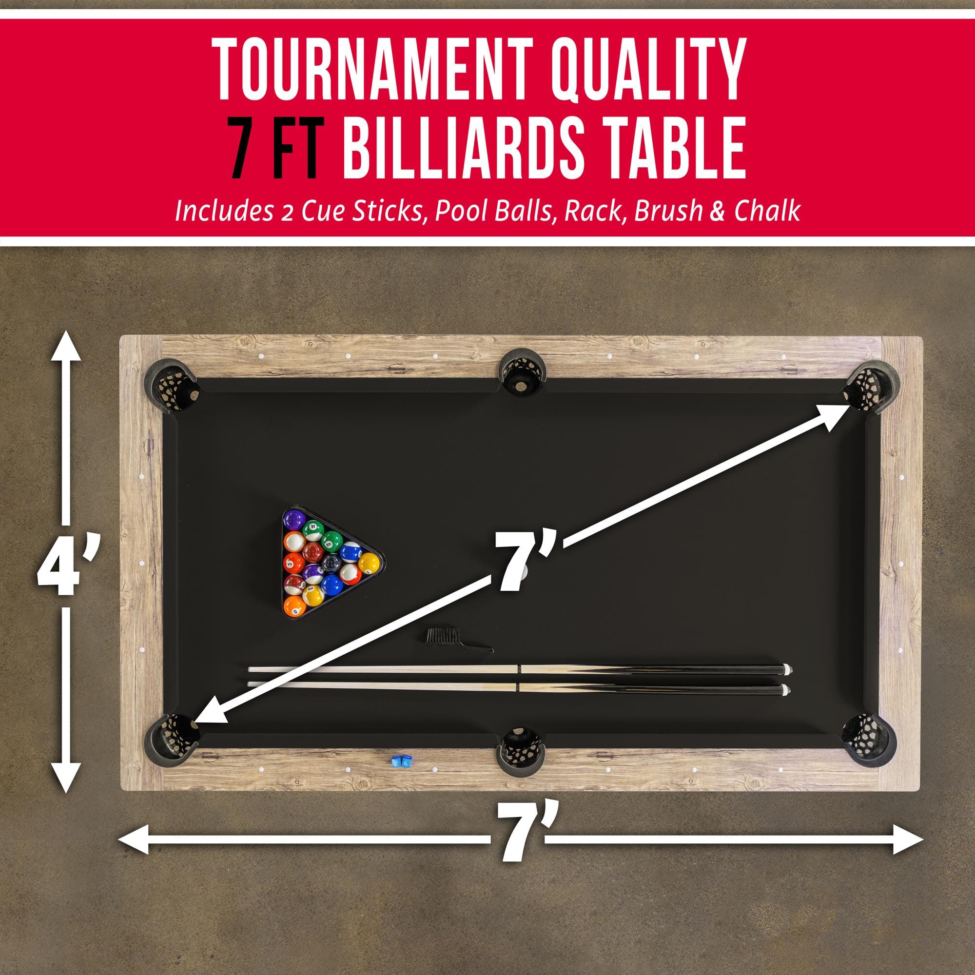 GoSports 7 ft Pool Table with Rustic Black Wood Finish - Modern Billiards Table with 2 Cue Sticks, Balls, Rack, Felt Brush and Chalk PlayGoSports.com