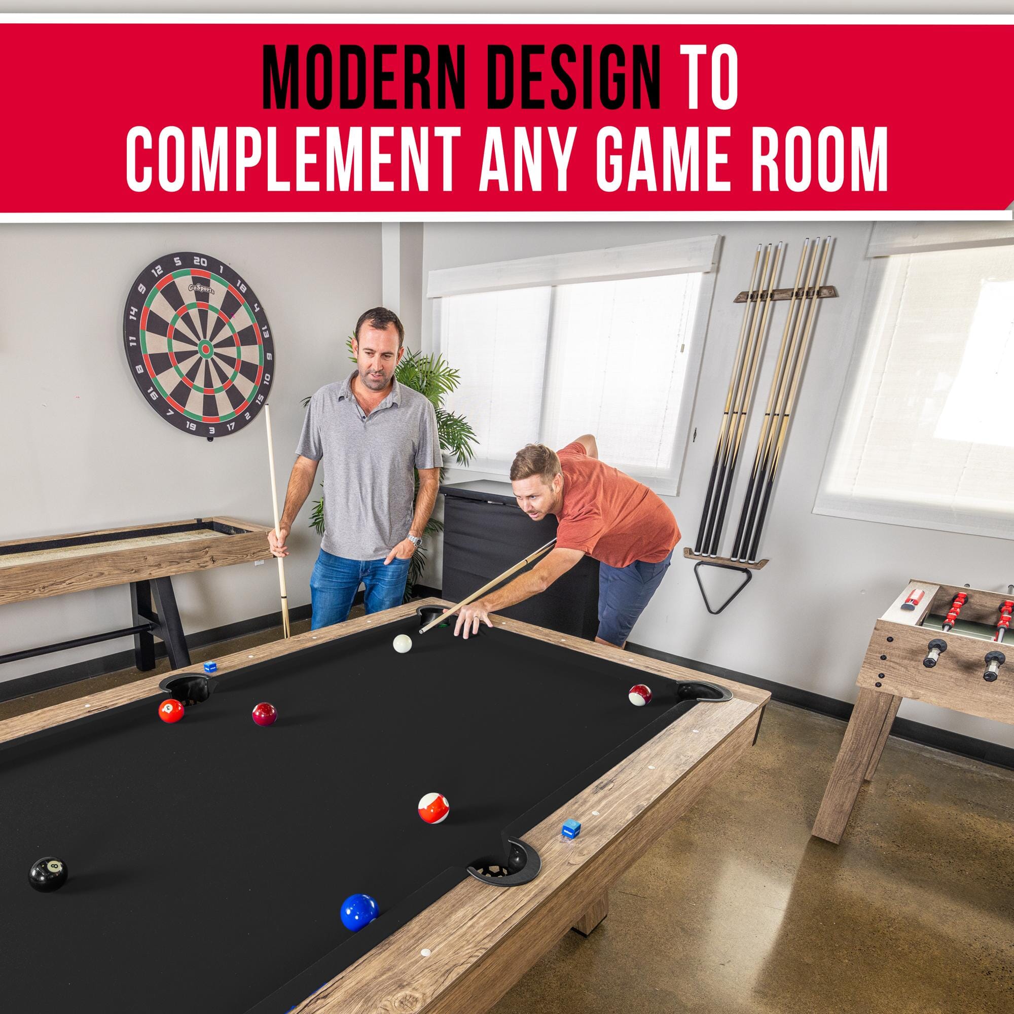 GoSports 7 ft Pool Table with Rustic Black Wood Finish - Modern Billiards Table with 2 Cue Sticks, Balls, Rack, Felt Brush and Chalk PlayGoSports.com