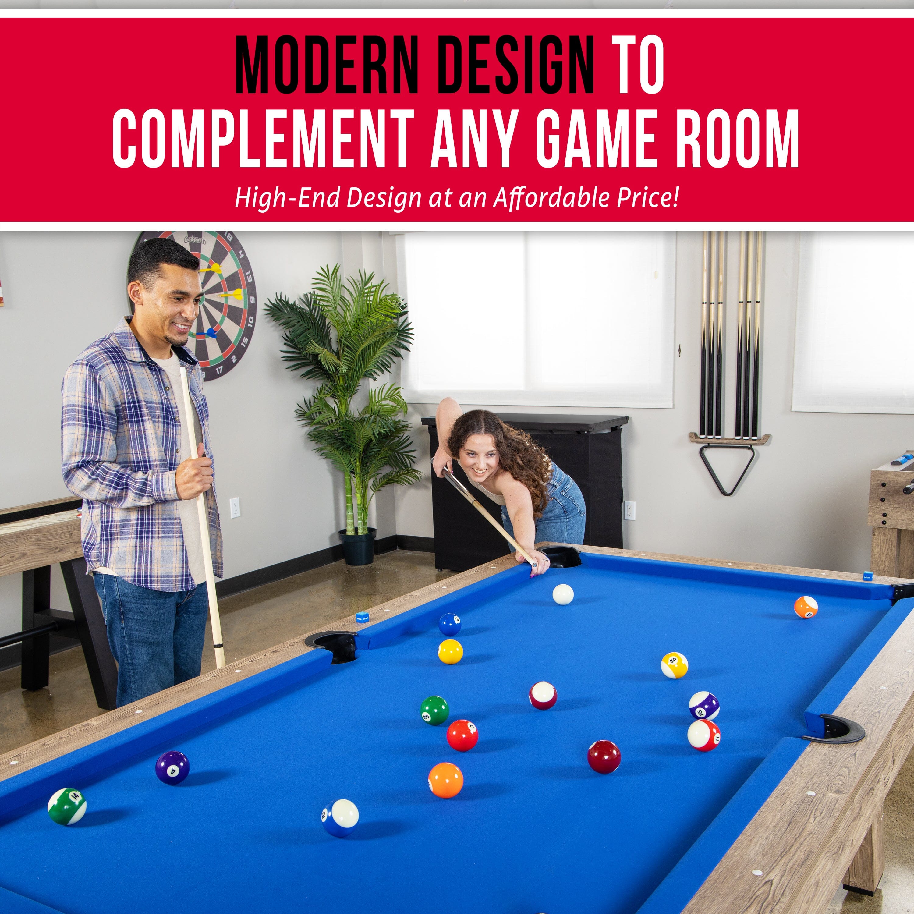 GoSports 8 ft Pool Table with Rustic Brown Wood Finish - Modern Billiards Table with 2 Cue Sticks, Balls, Rack, Felt Brush and Chalk - Blue GoSports