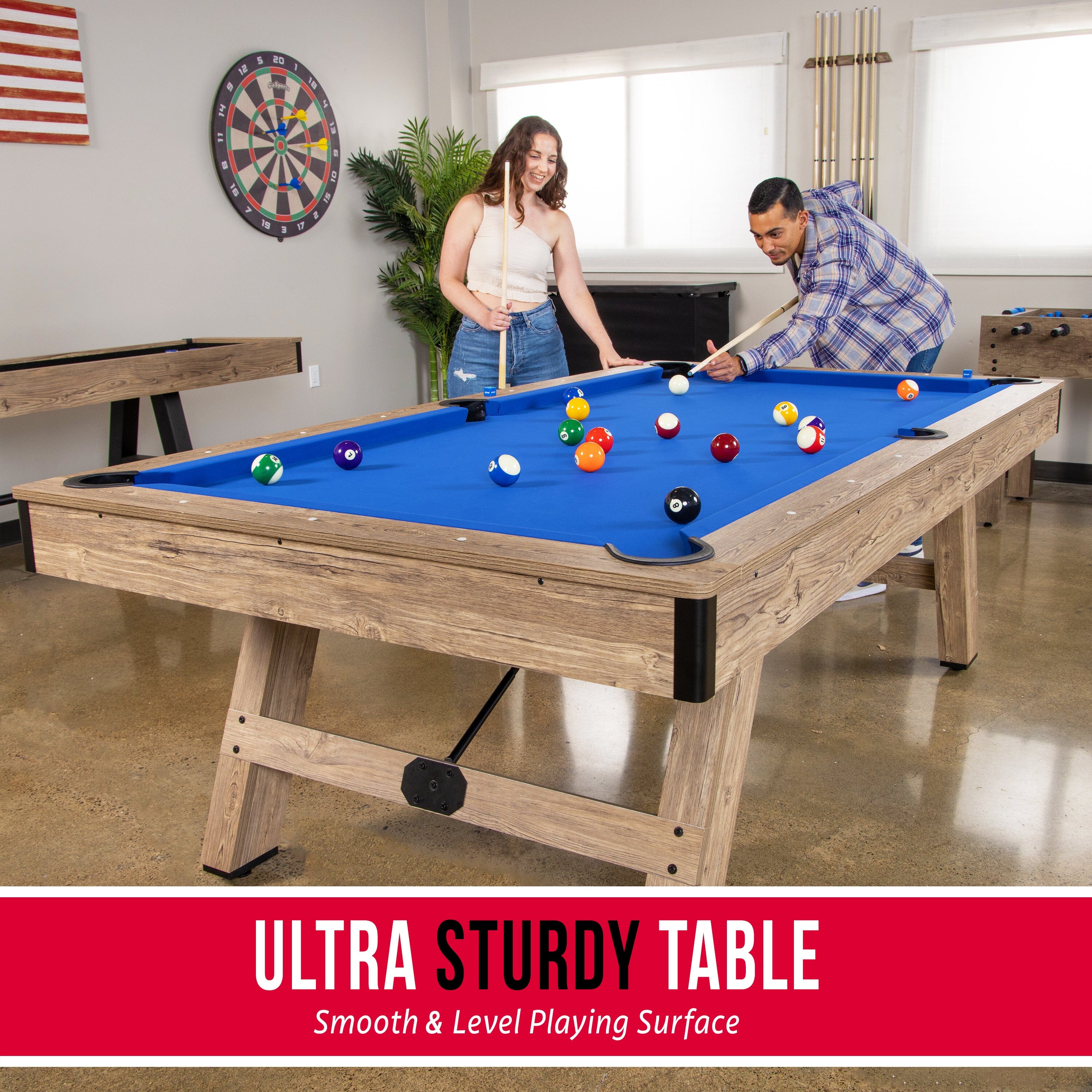 GoSports 8 ft Pool Table with Rustic Brown Wood Finish - Modern Billiards Table with 2 Cue Sticks, Balls, Rack, Felt Brush and Chalk - Blue GoSports