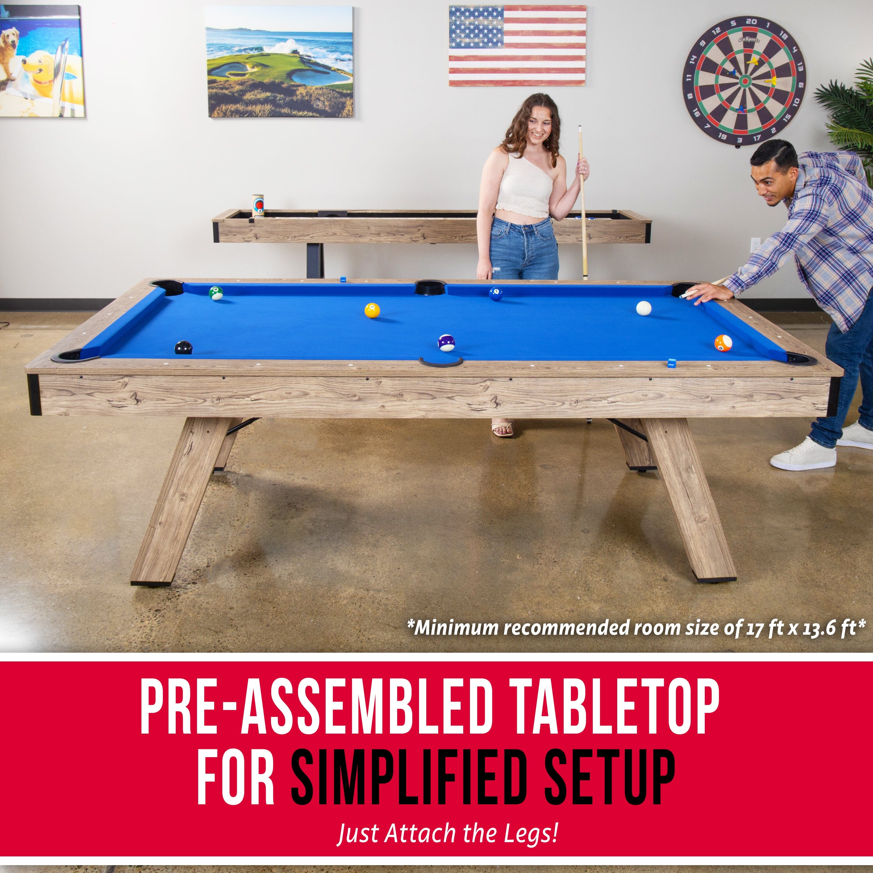 GoSports 8 ft Pool Table with Rustic Brown Wood Finish - Modern Billiards Table with 2 Cue Sticks, Balls, Rack, Felt Brush and Chalk - Blue GoSports