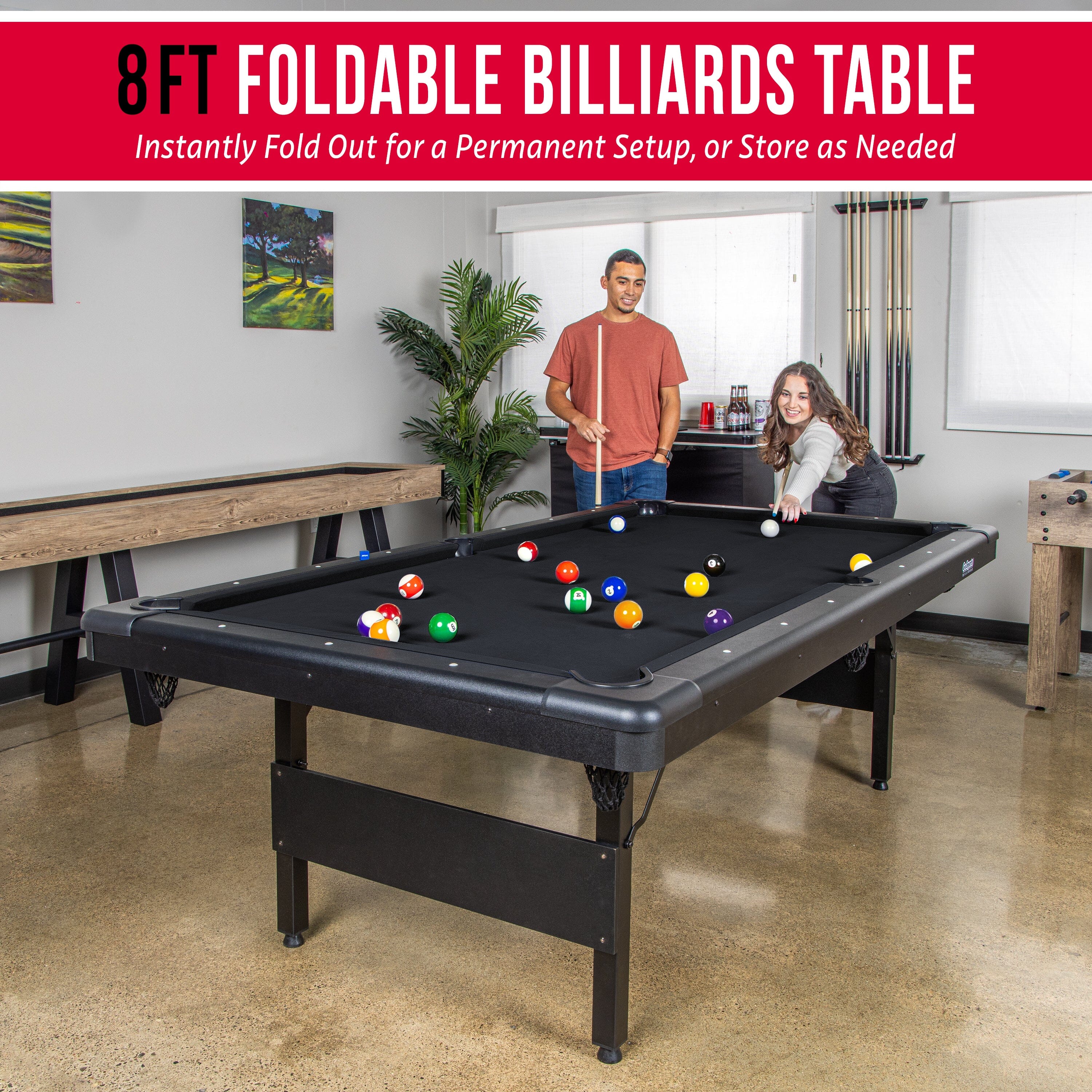 GoSports Full Size 8 ft x 4.2 ft Billiards Game Table - Foldable Design, Includes Full Set of Pool Balls, 2 Cue Sticks, Chalk, and Felt Brush - Black GoSports
