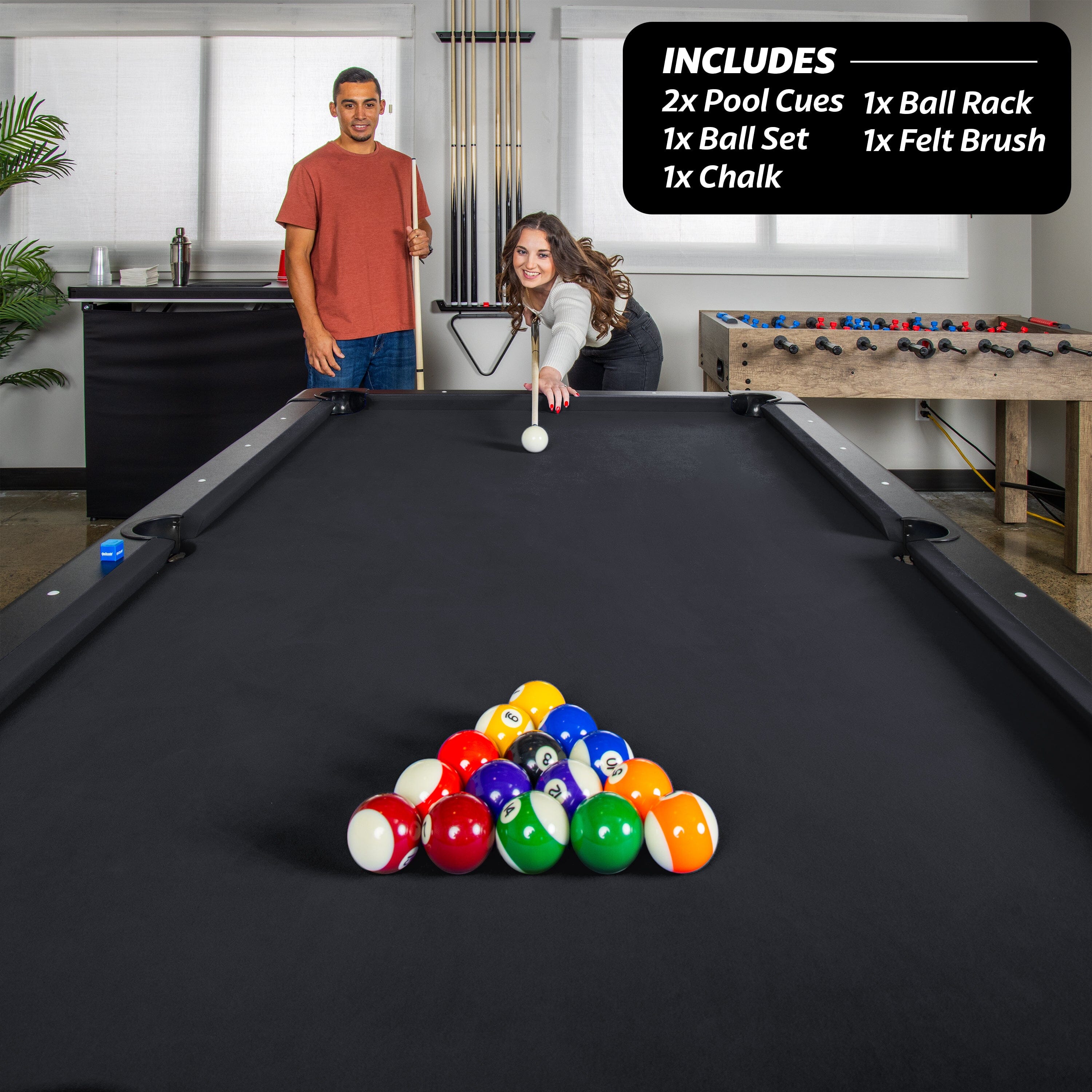 GoSports Full Size 8 ft x 4.2 ft Billiards Game Table - Foldable Design, Includes Full Set of Pool Balls, 2 Cue Sticks, Chalk, and Felt Brush - Black GoSports