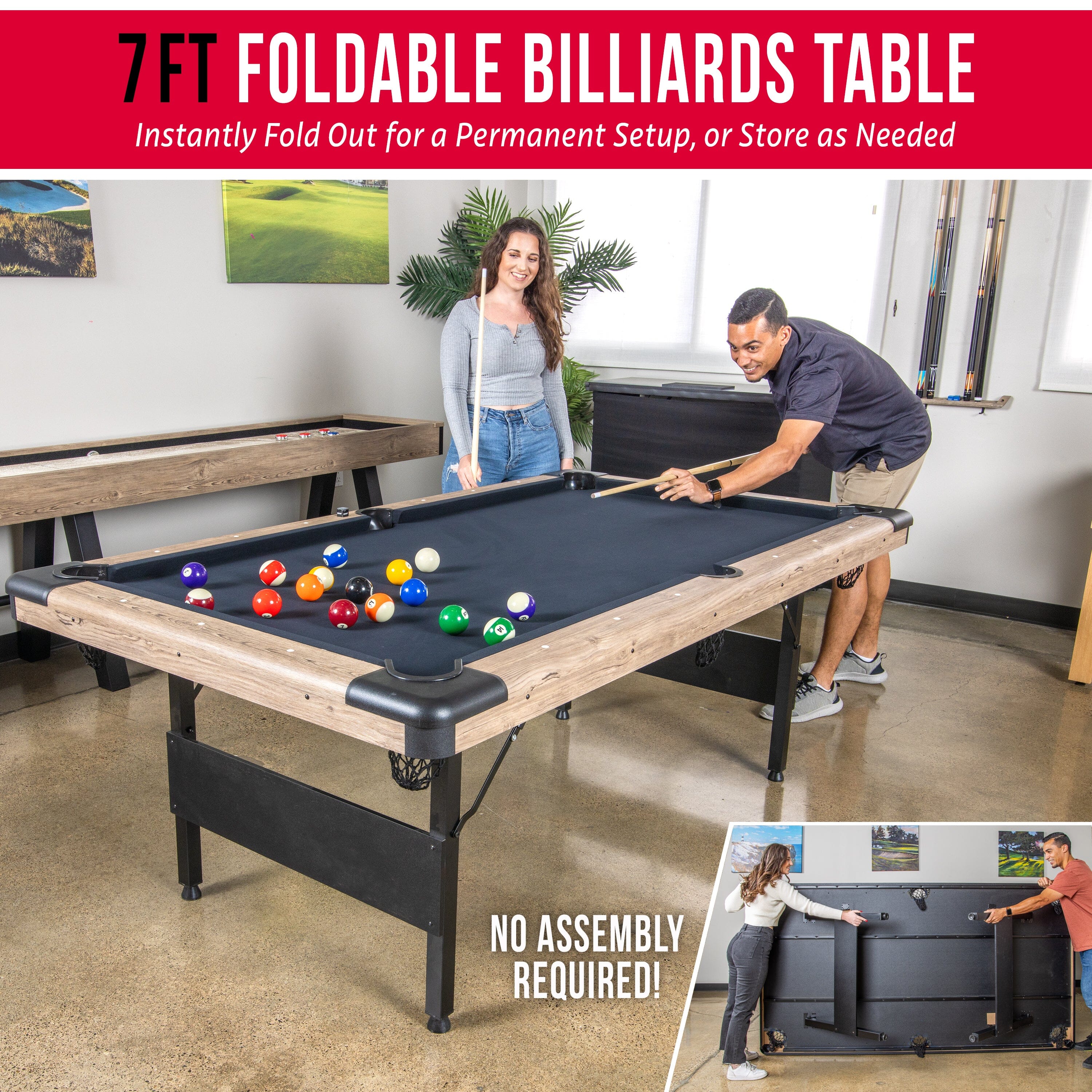 GoSports Mid-Size 7ft x 3.9ft Billiards Game Table - Foldable Design, Includes Full Set of Pool Balls, 2 Cue Sticks, Chalk, and Felt Brush GoSports