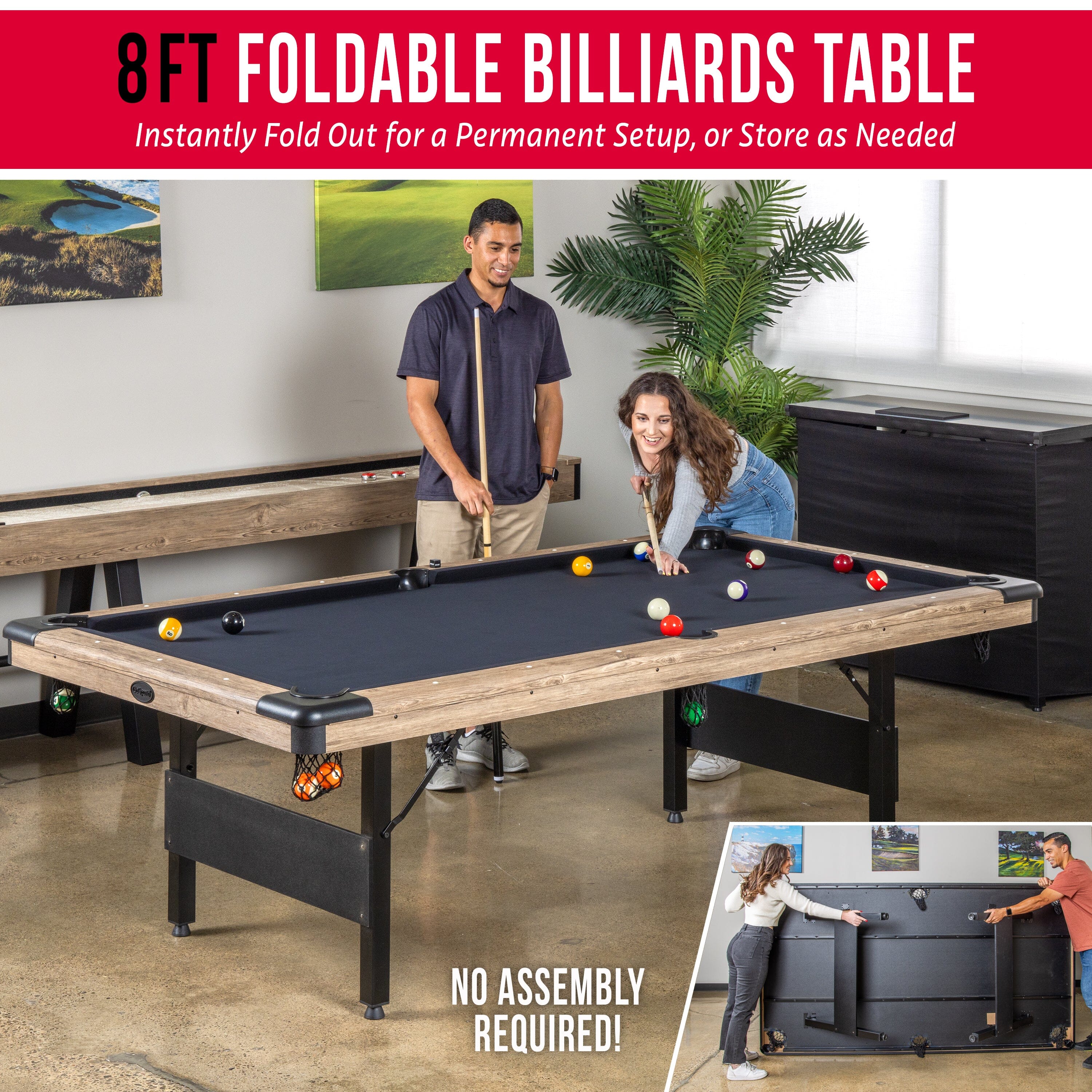 GoSports 8 ft Portable Pool Table - No Assembly Required Folding Billiard Table in Oak GoSports