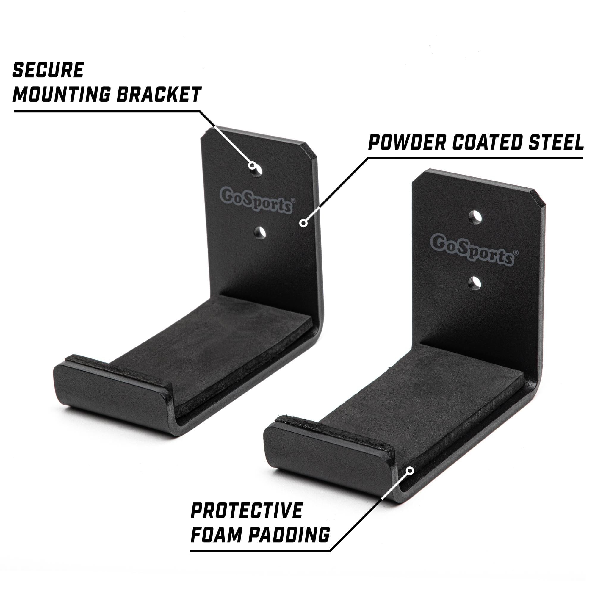 pair of black metal mounting brackets for the front and rear of a car