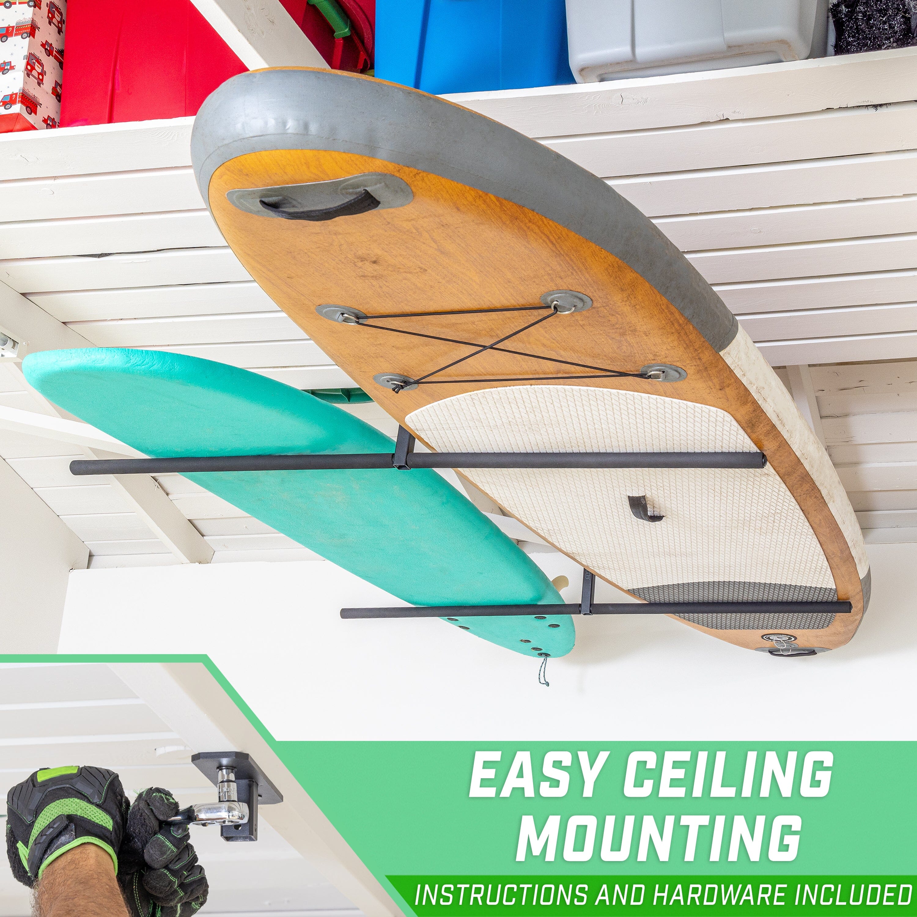 a surfboard is hanging on the ceiling