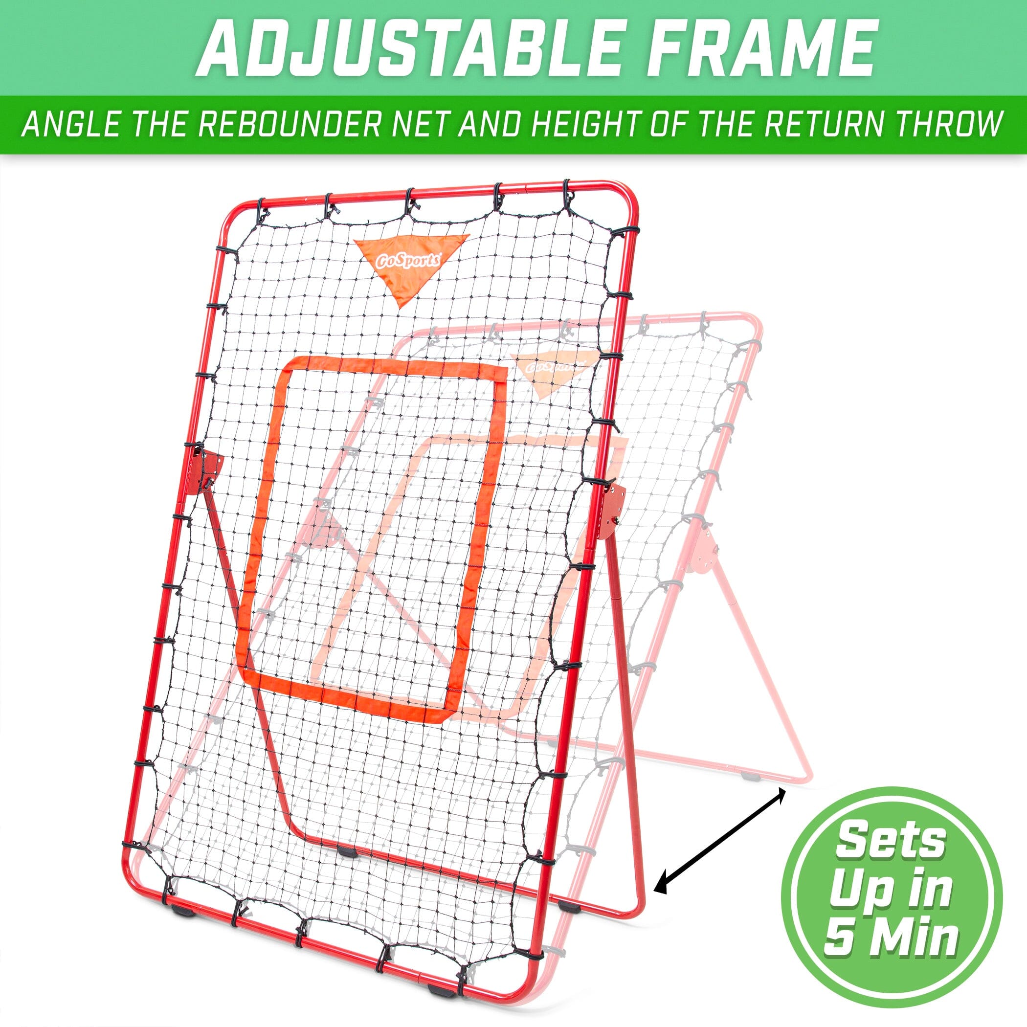 the adjustable football goal with a red frame and orange net