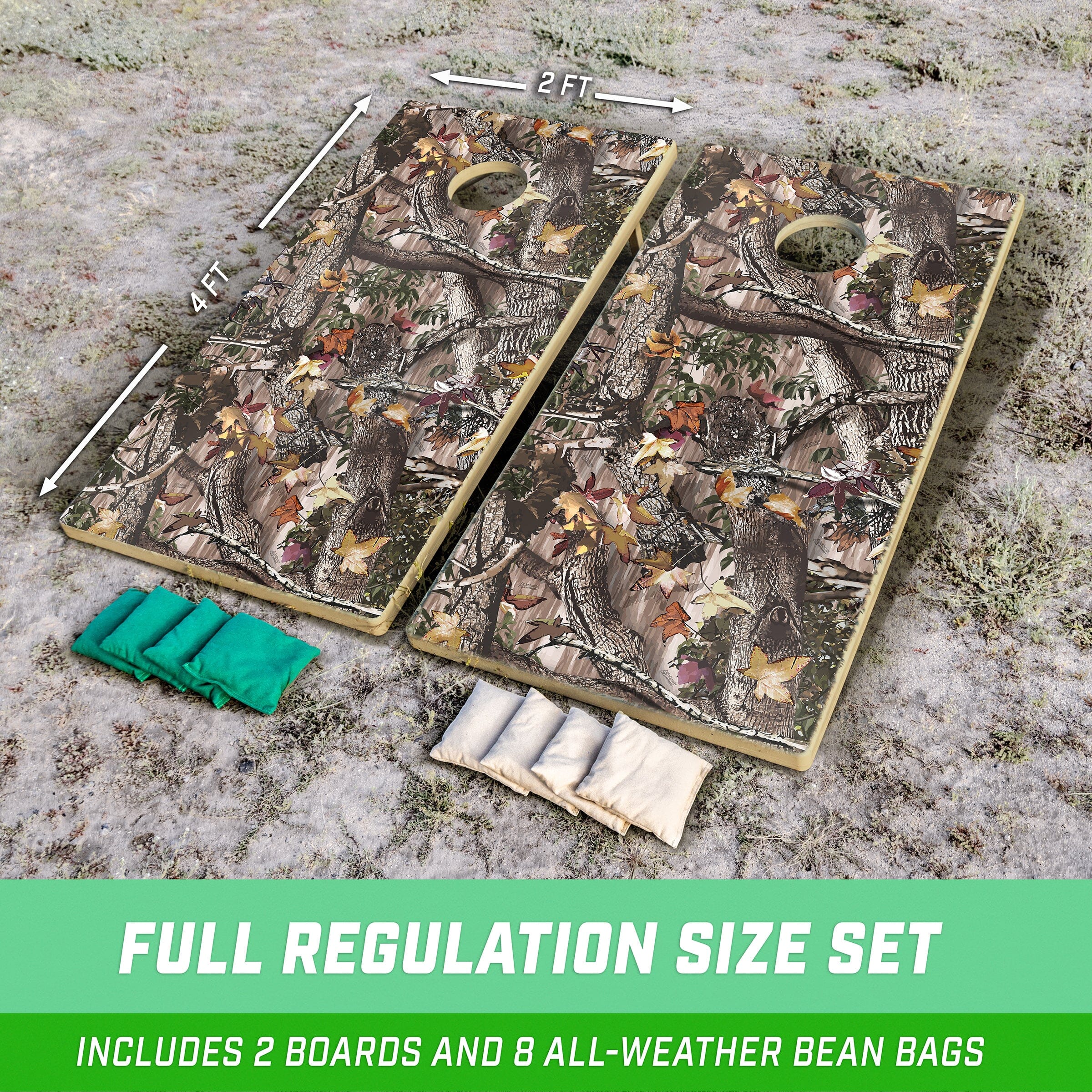 a pair of hunting bean bags with a green bag