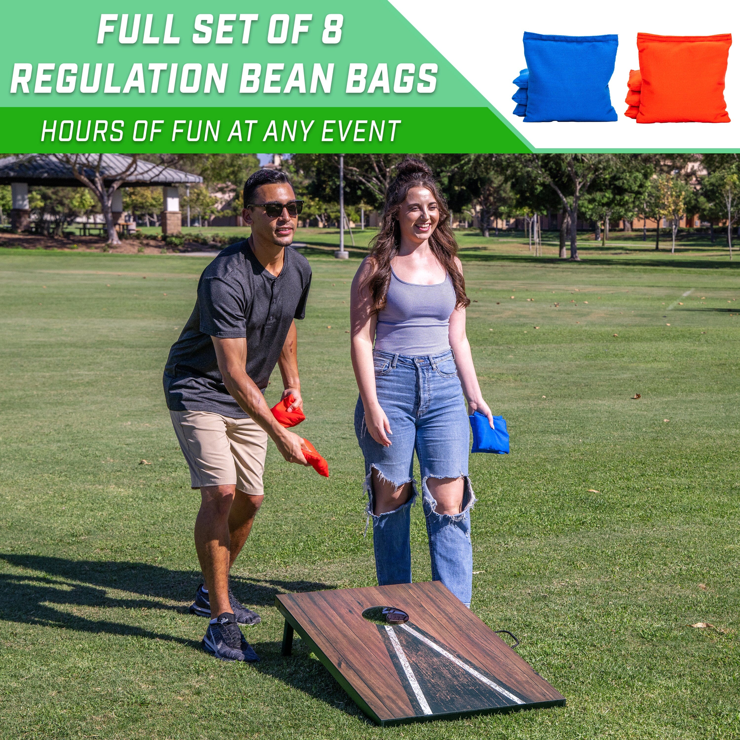 GoSports 3 x 2 ft Cornhole Board Set - Portable Outdoor Toss Game for Adults & Family - Includes Set of 8 Bean Bags with Built-in Storage - Dark Rustic GoSports