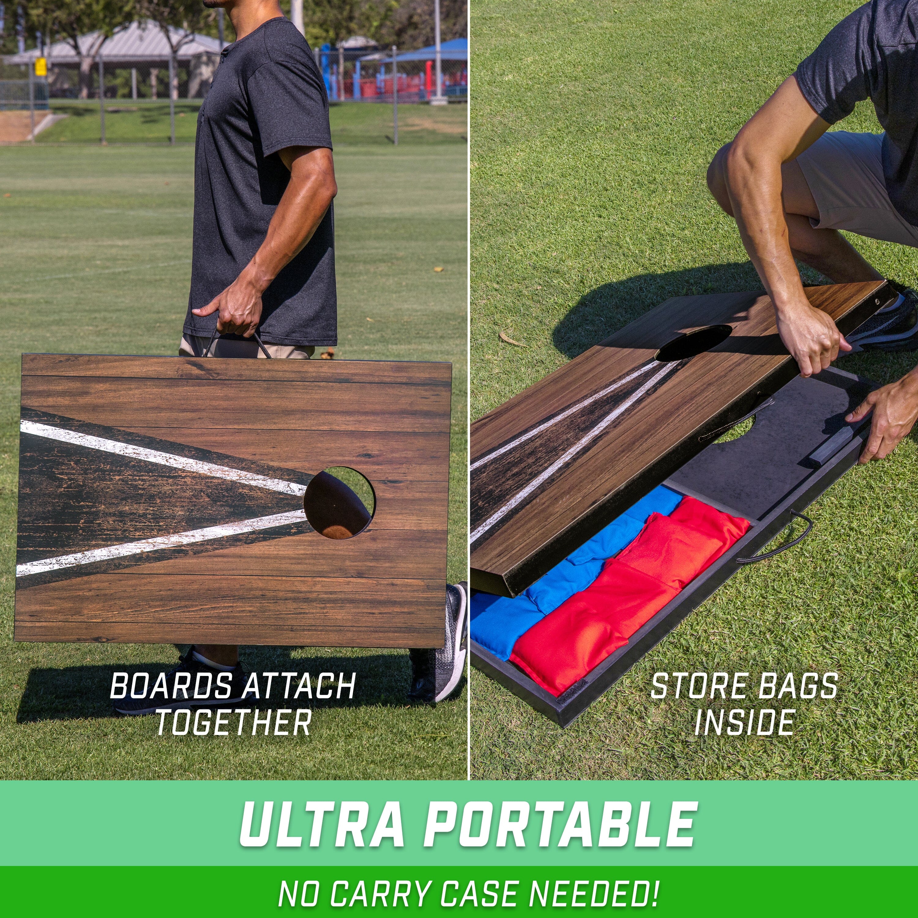 GoSports 3 x 2 ft Cornhole Board Set - Portable Outdoor Toss Game for Adults & Family - Includes Set of 8 Bean Bags with Built-in Storage - Dark Rustic GoSports