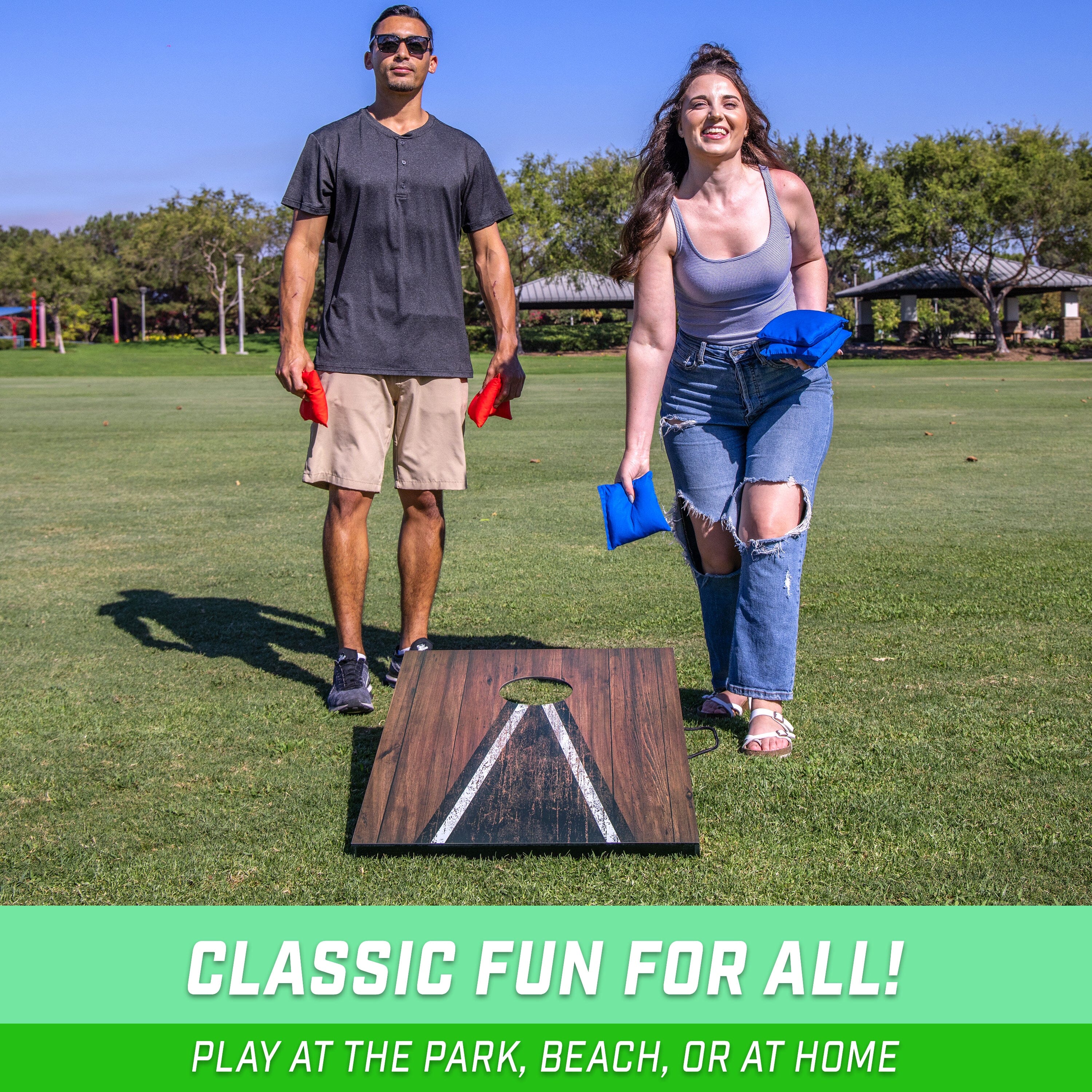 GoSports 3 x 2 ft Cornhole Board Set - Portable Outdoor Toss Game for Adults & Family - Includes Set of 8 Bean Bags with Built-in Storage - Dark Rustic GoSports