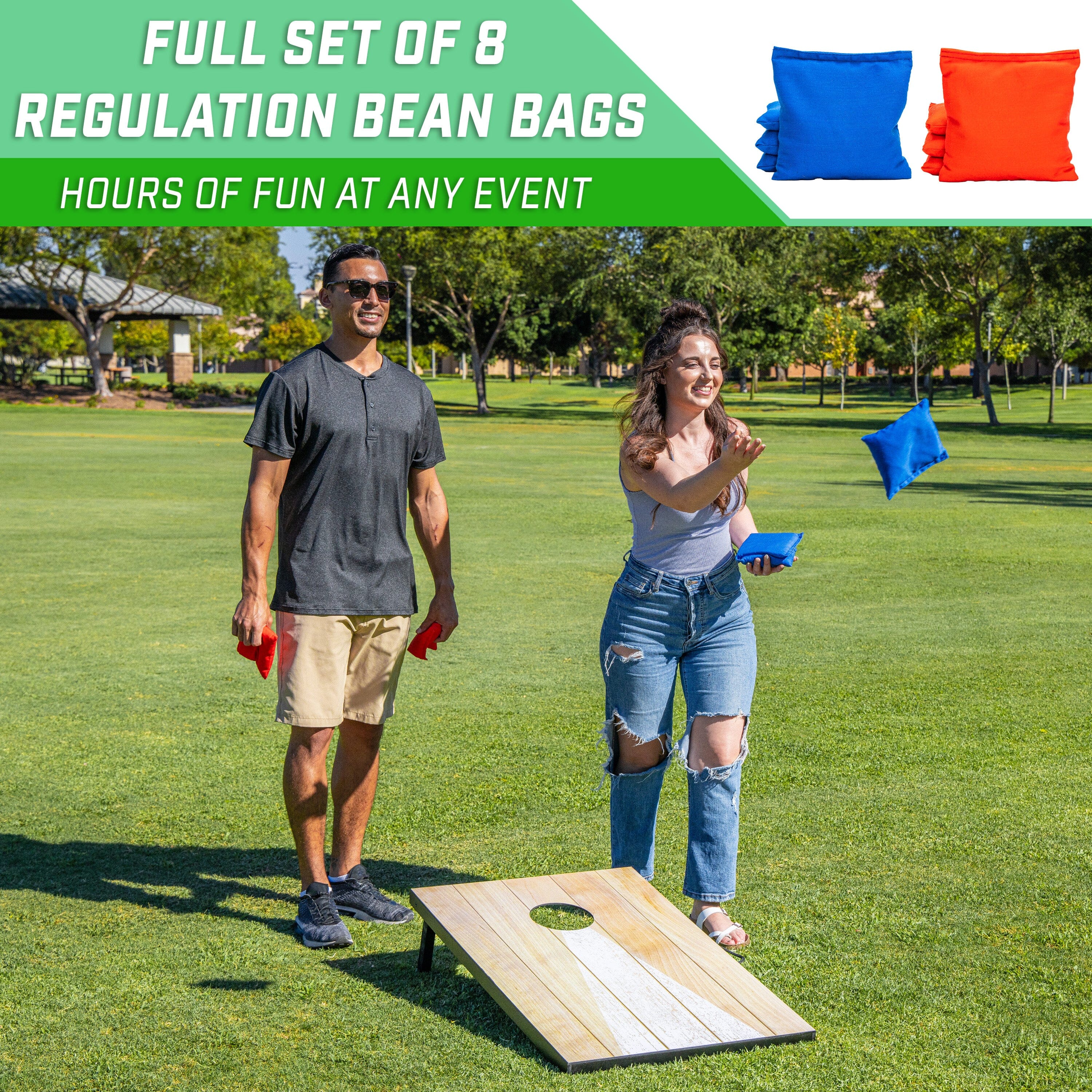 GoSports 3 x 2 ft Cornhole Board Set - Portable Outdoor Toss Game for Adults & Family - Includes Set of 8 Bean Bags with Built-in Storage - Bright Rustic GoSports