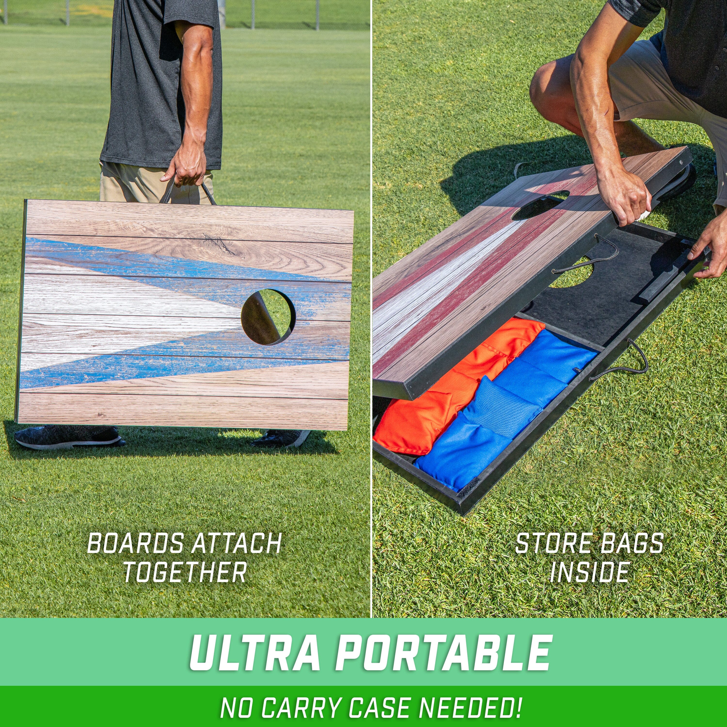 GoSports 3 x 2 ft Cornhole Board Set - Portable Outdoor Toss Game for Adults & Family - Includes Set of 8 Bean Bags with Built-in Storage - Rustic GoSports