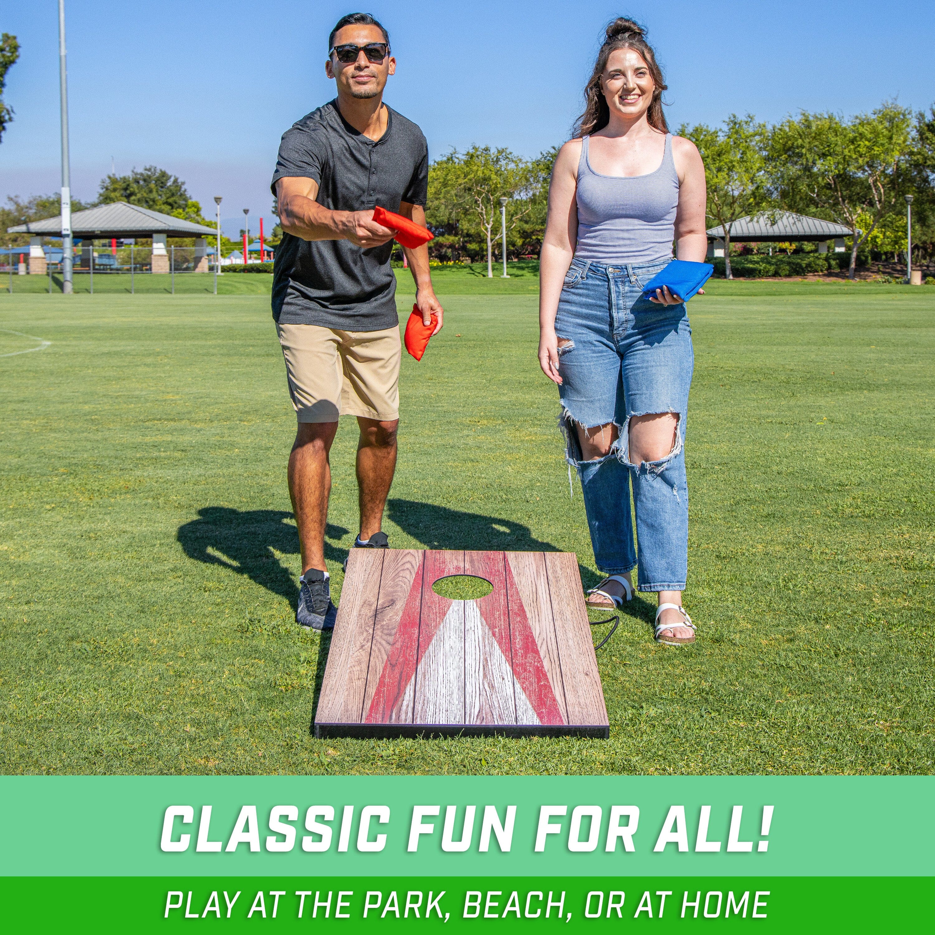 GoSports 3 x 2 ft Cornhole Board Set - Portable Outdoor Toss Game for Adults & Family - Includes Set of 8 Bean Bags with Built-in Storage - Rustic GoSports