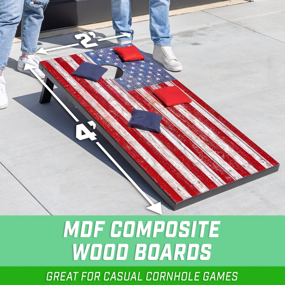 GoSports American flag cornhole board on concrete with 4x2 ft dimension arrows & red & navy bags
