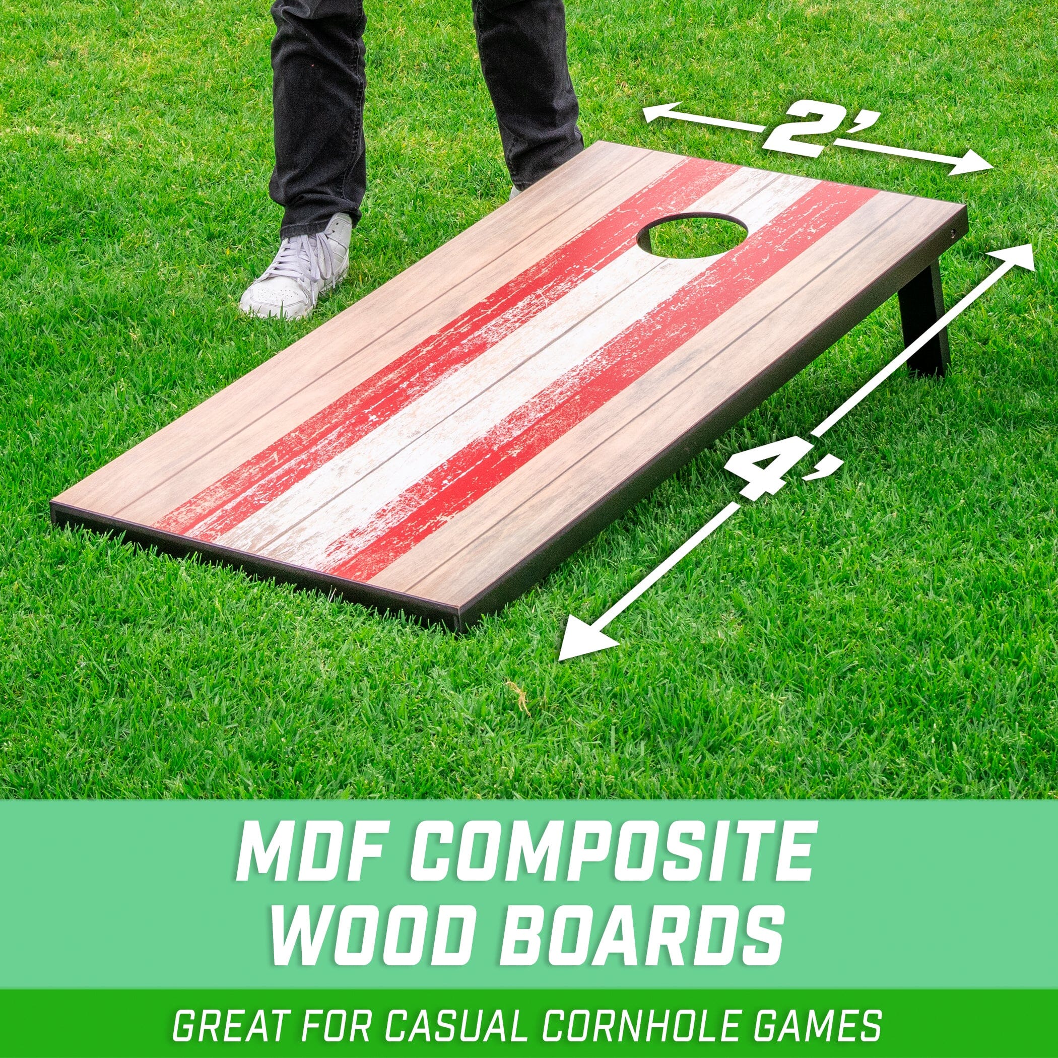 MDF Composite wood boards great for casual cornhole games dimensions 2 feet wide and 4 feet long