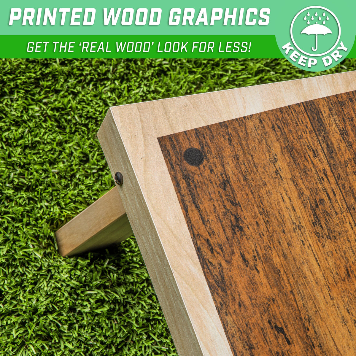 Corner of a GoSports Craftsman cornhole board showing dark printed wood grain, light wood border & leg