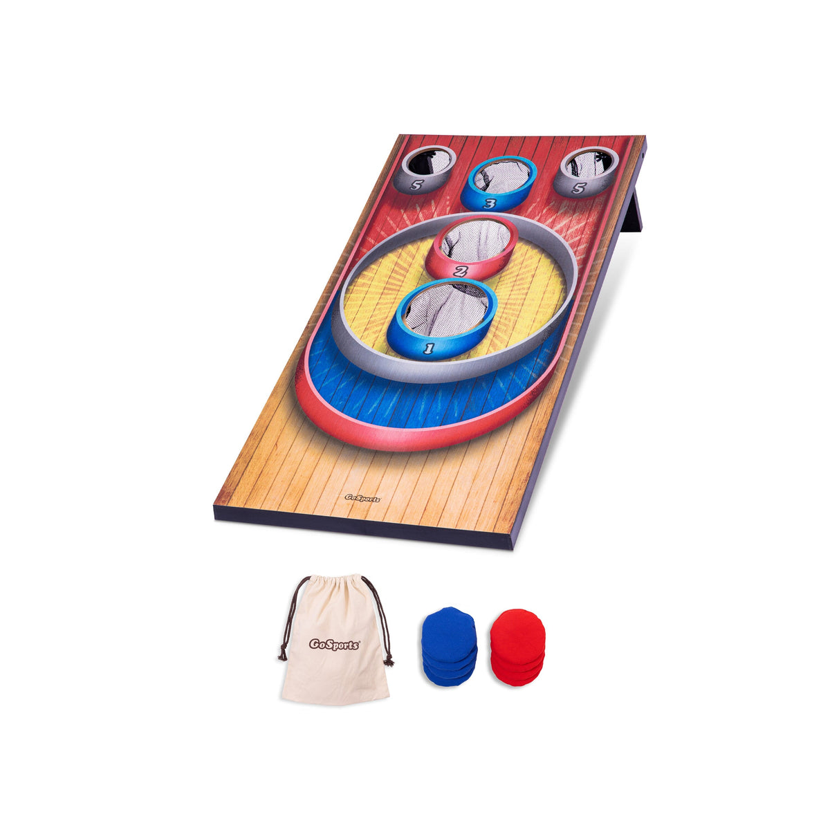GoSports 4x2 ft carnival arcade toss game board with numbered rings, red & blue bean bags & tote bag