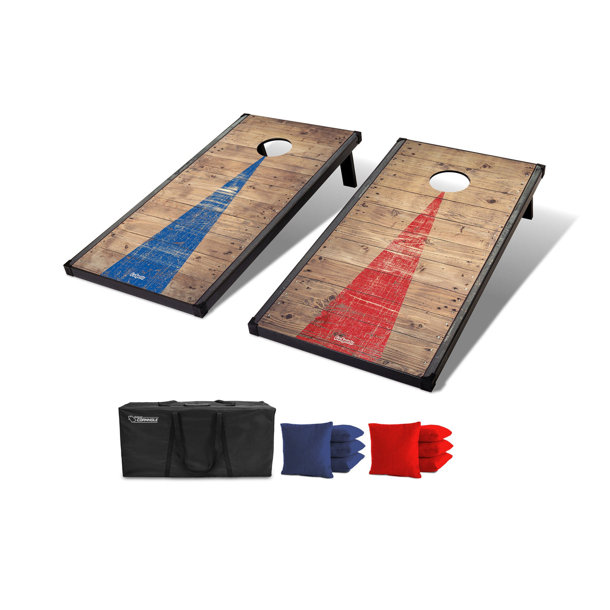 GoSports rustic wood plank cornhole set with blue & red stripe designs, black frames, carrying case & 8 bags