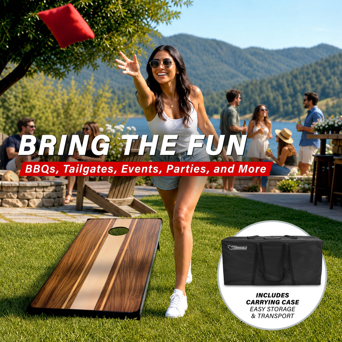 Player tossing a red bag at a GoSports walnut cornhole board at a lakeside party, inset of the black carrying case