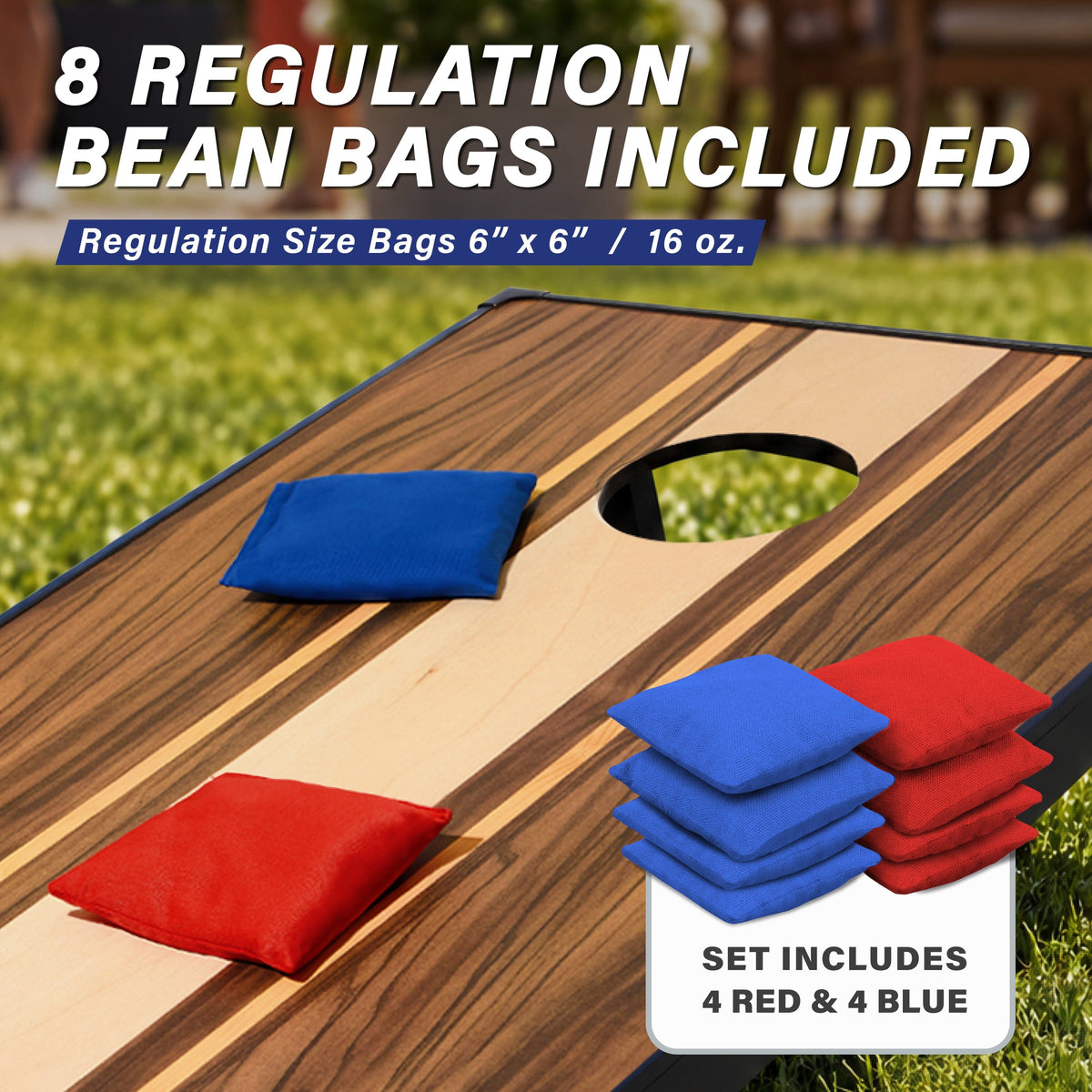 Blue & red bags on a GoSports walnut cornhole board, 8 regulation 6x6 inch 16 oz bags, 4 red & 4 blue
