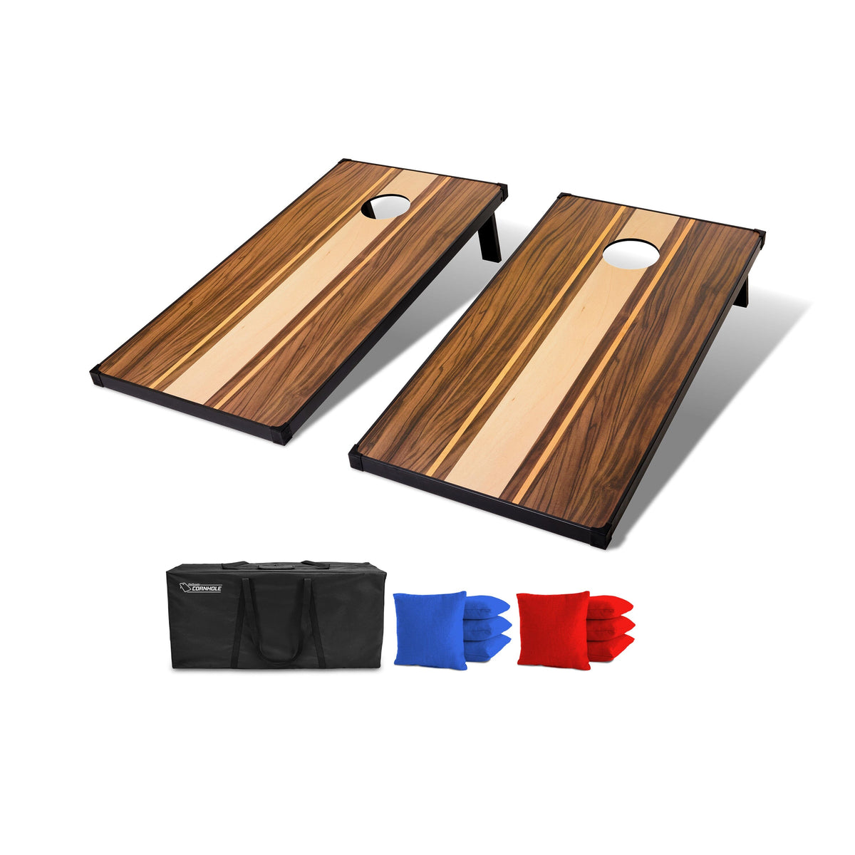 GoSports 4x2 ft walnut cornhole set with 2 striped wood grain boards, black carrying case, 4 blue & 4 red bags