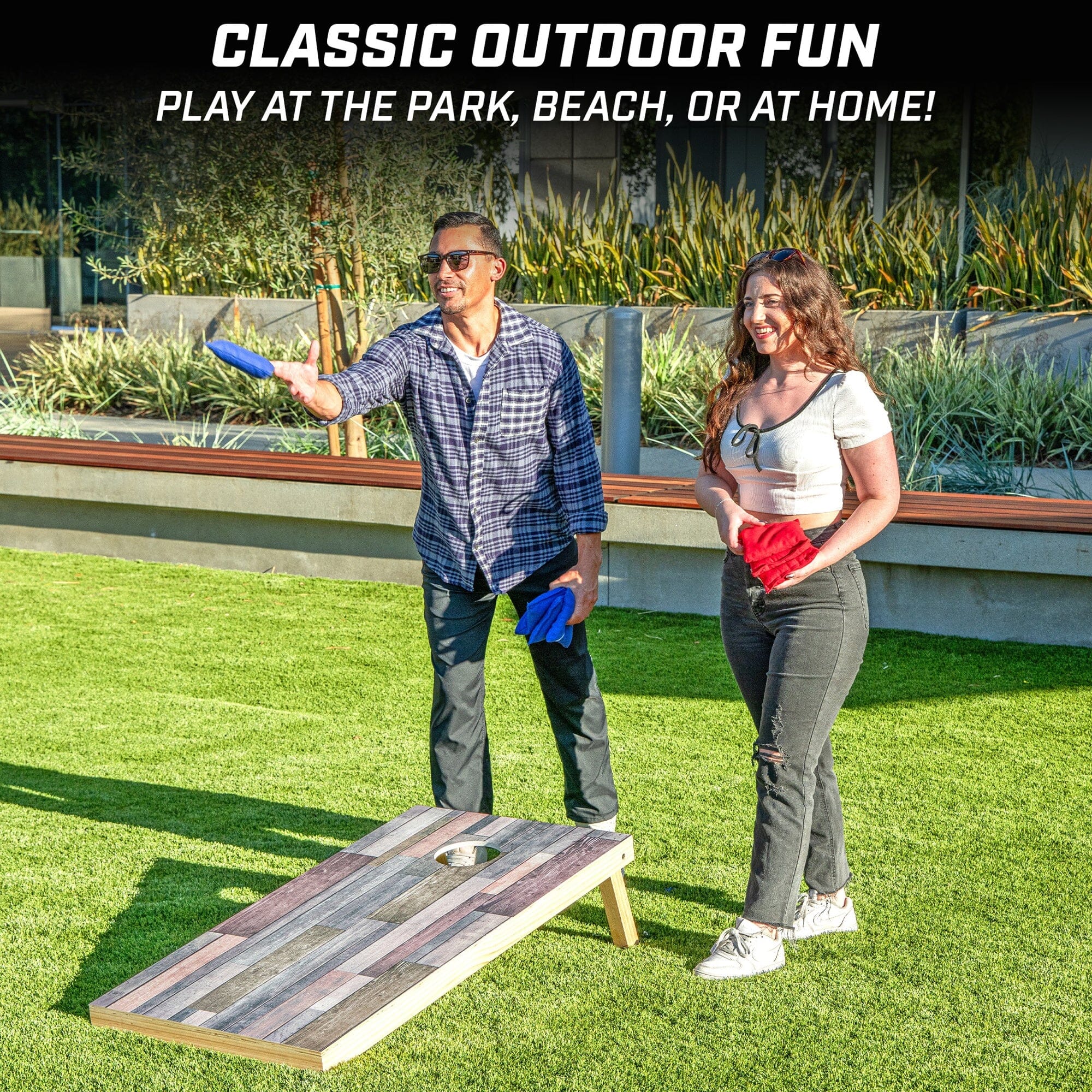 GoSports 4 x 2 ft Regulation Size Wood Cornhole Board Set - Scrapwood Design, Includes 2 Boards, 8 Bean Bags, Carrying Case and Game Rules GoSports