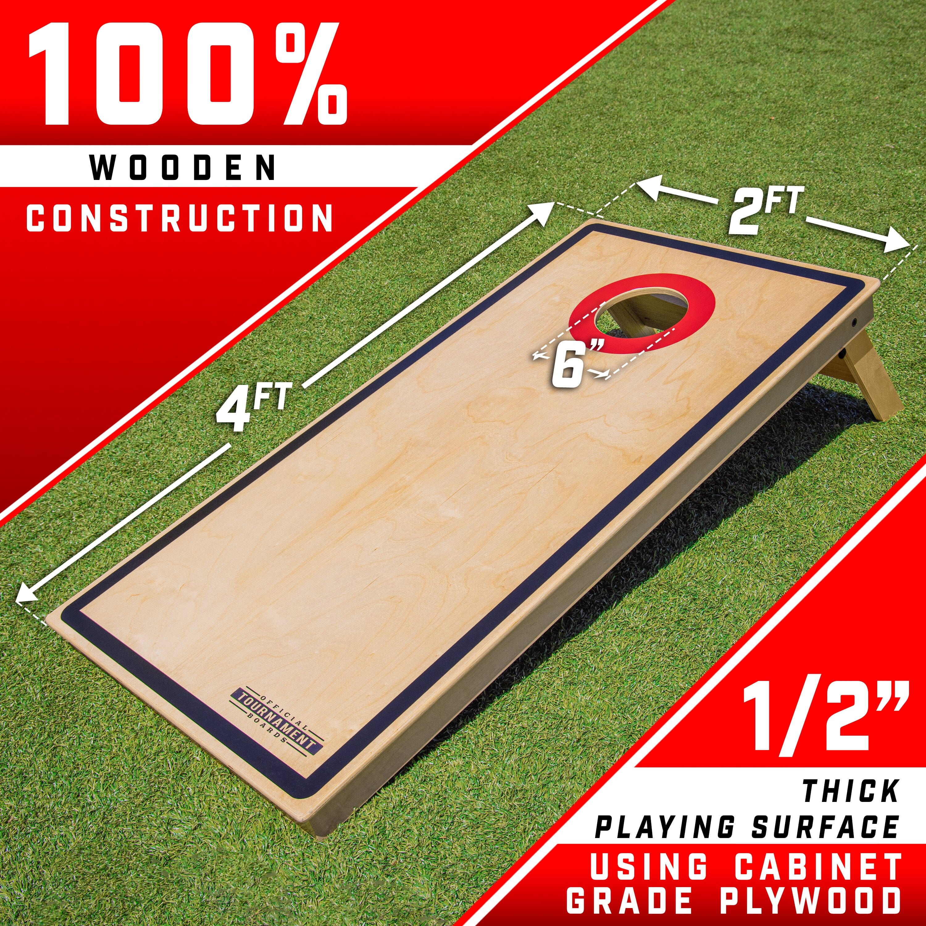 Cornhole board on grass dimensions 4 feet long 2 feet wide six inch hole half inche thick