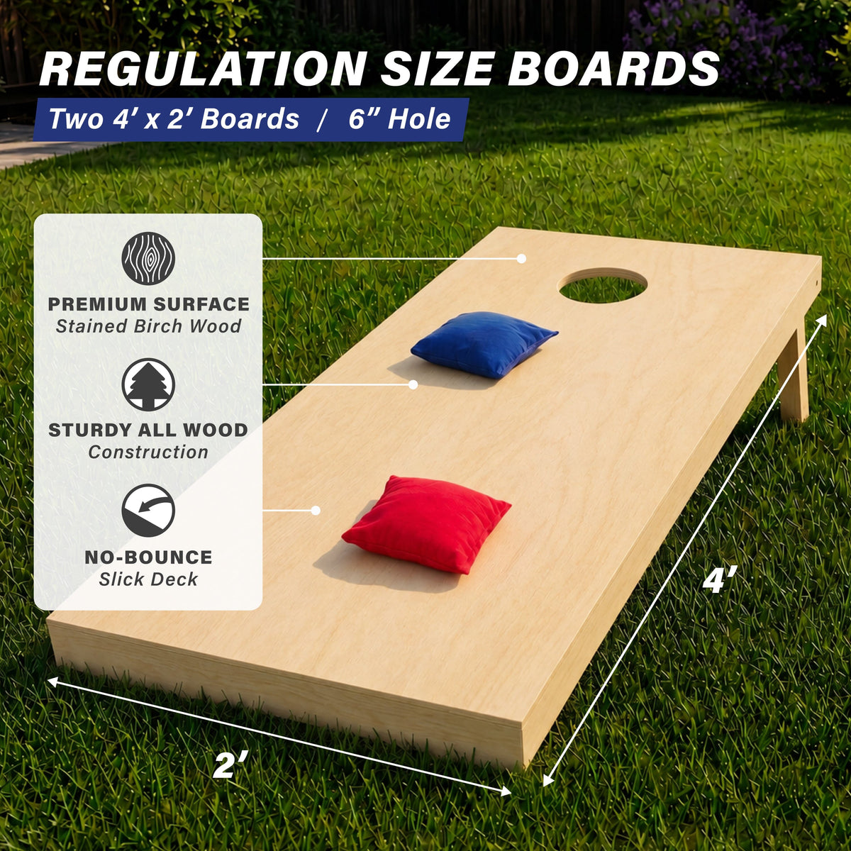 Natural wood GoSports cornhole board on grass showing 4x2 ft size, 6 inch hole & birch wood deck with red & blue bags