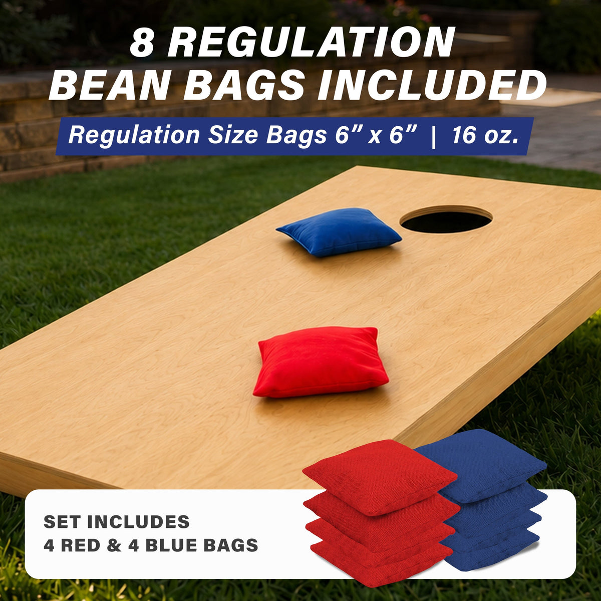GoSports cornhole set bean bags on a natural wood board, 8 regulation 6x6 inch 16 oz bags in 4 red & 4 blue