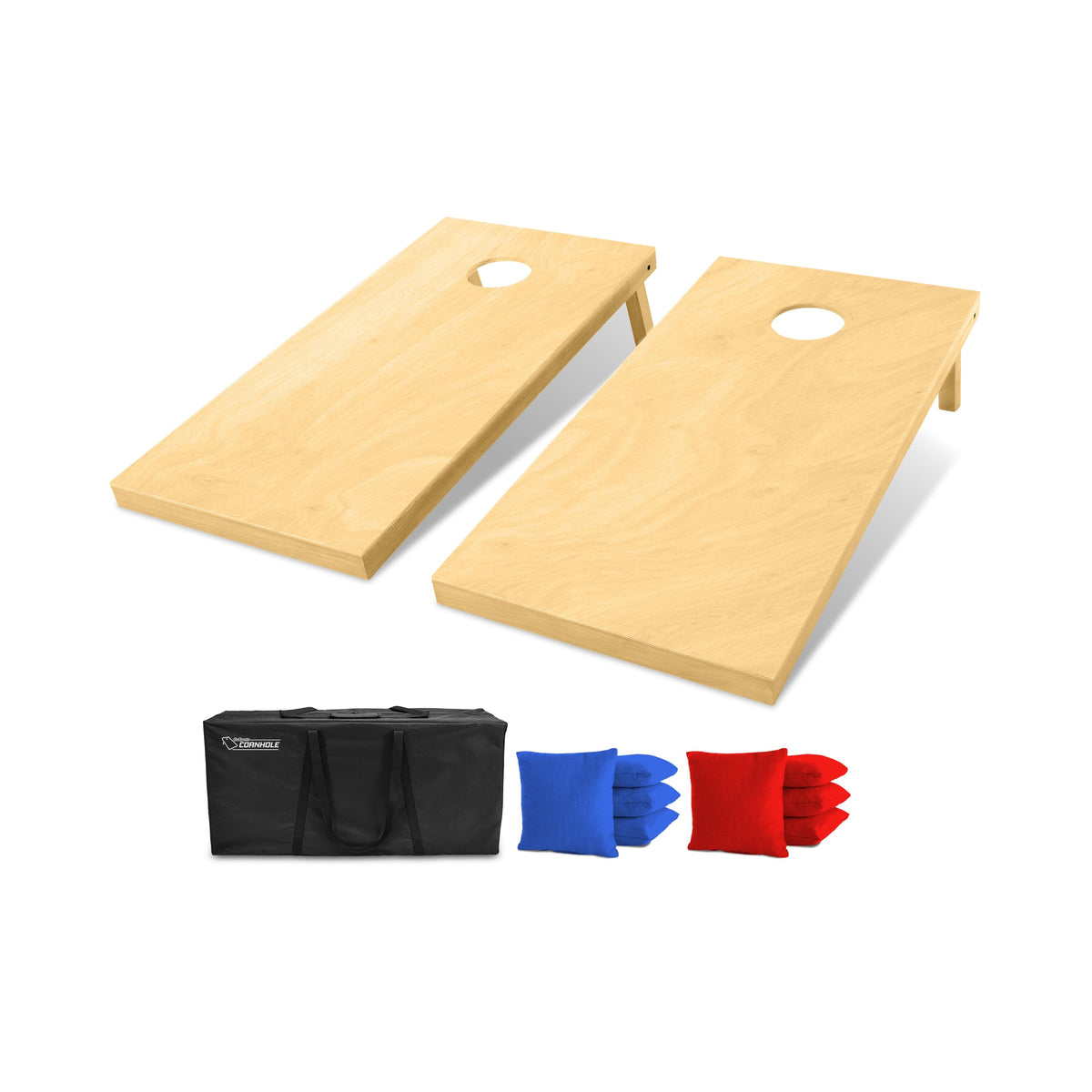 GoSports 4x2 ft natural wood cornhole boards set with 2 boards, black carrying case, 4 blue & 4 red bean bags