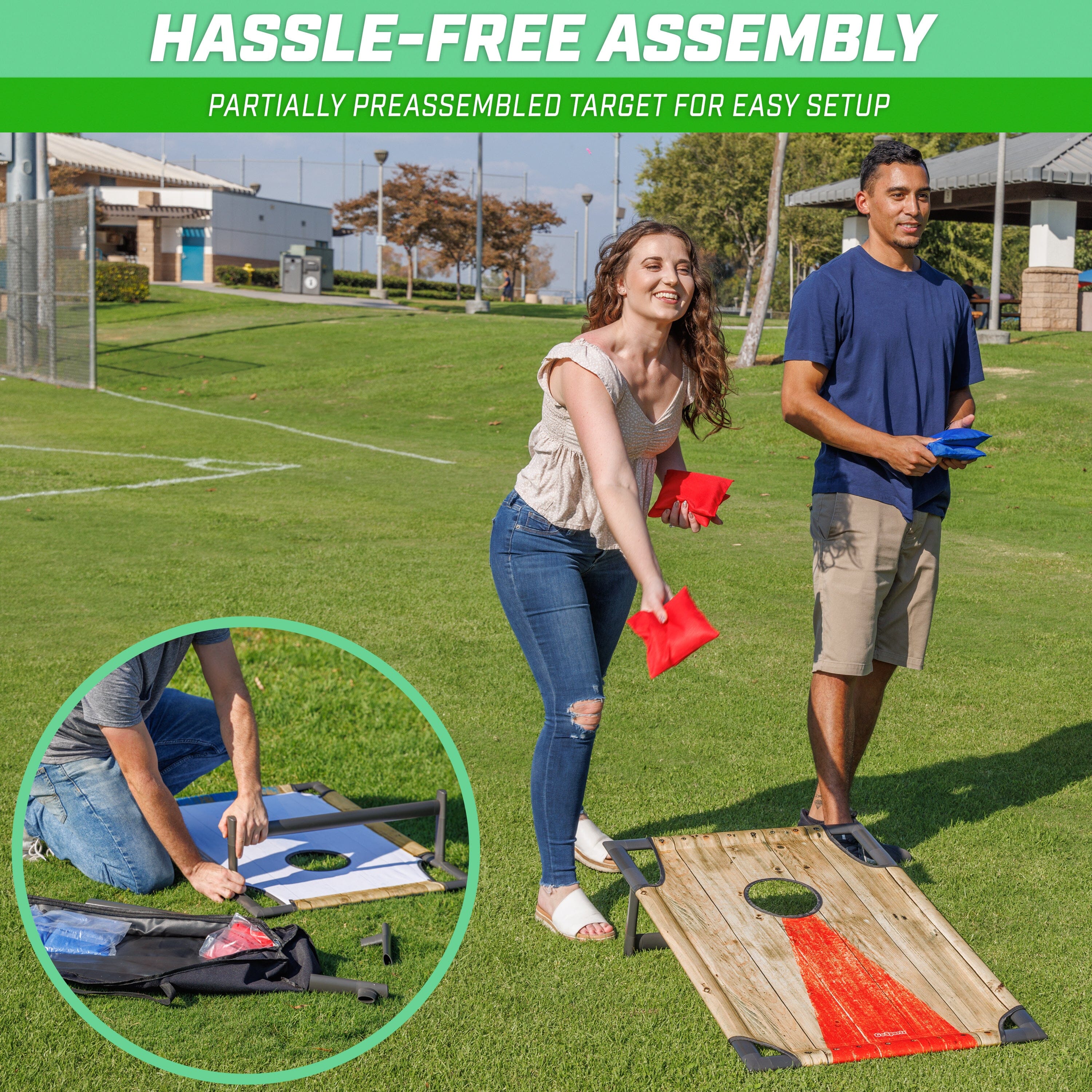 a man and woman playing cornholes on a field