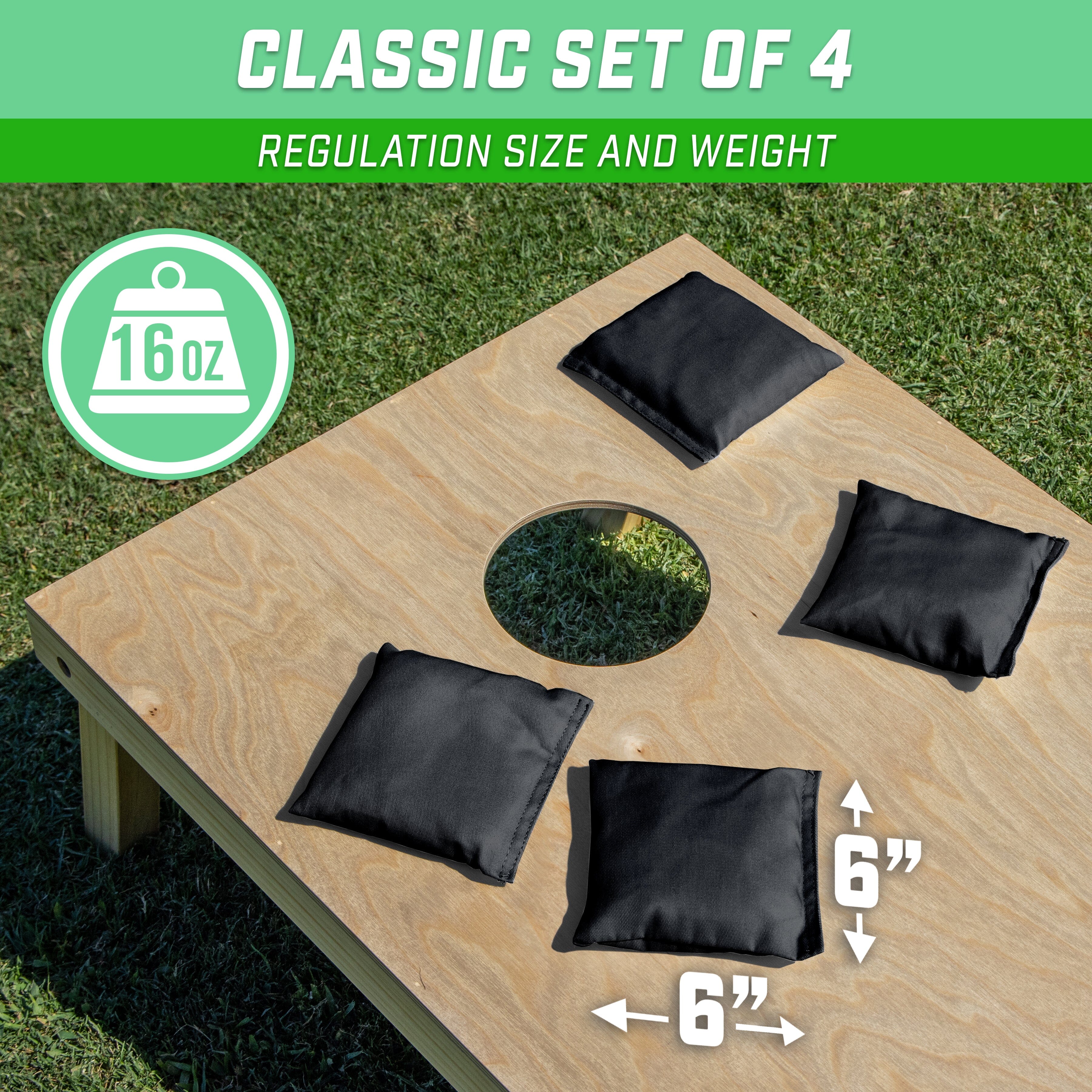 GoSports Cornhole Bean Bags Set of 4 - Regulation All Weather - Classic Black Cornhole GoSports