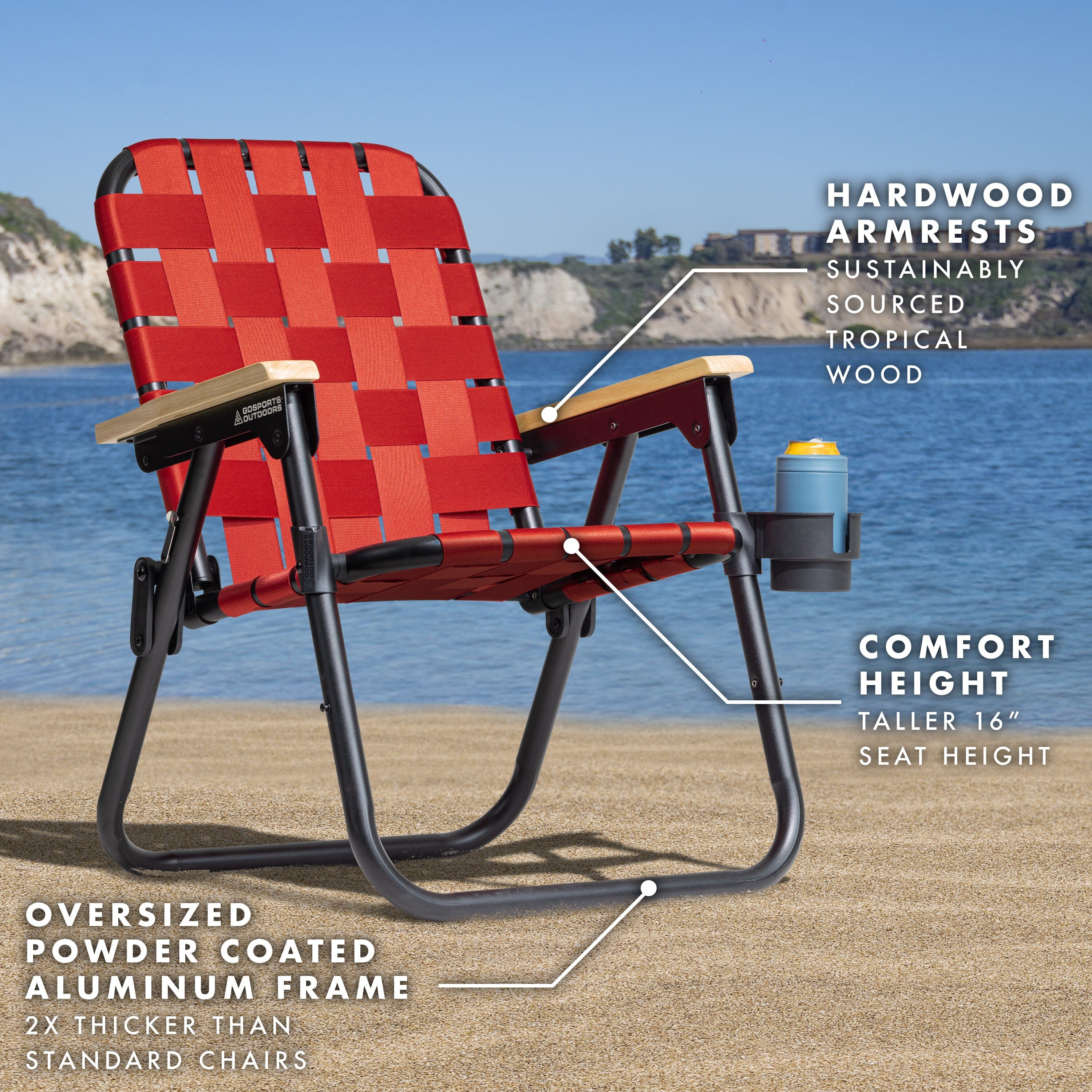 a red chair with a seat and a cup on it