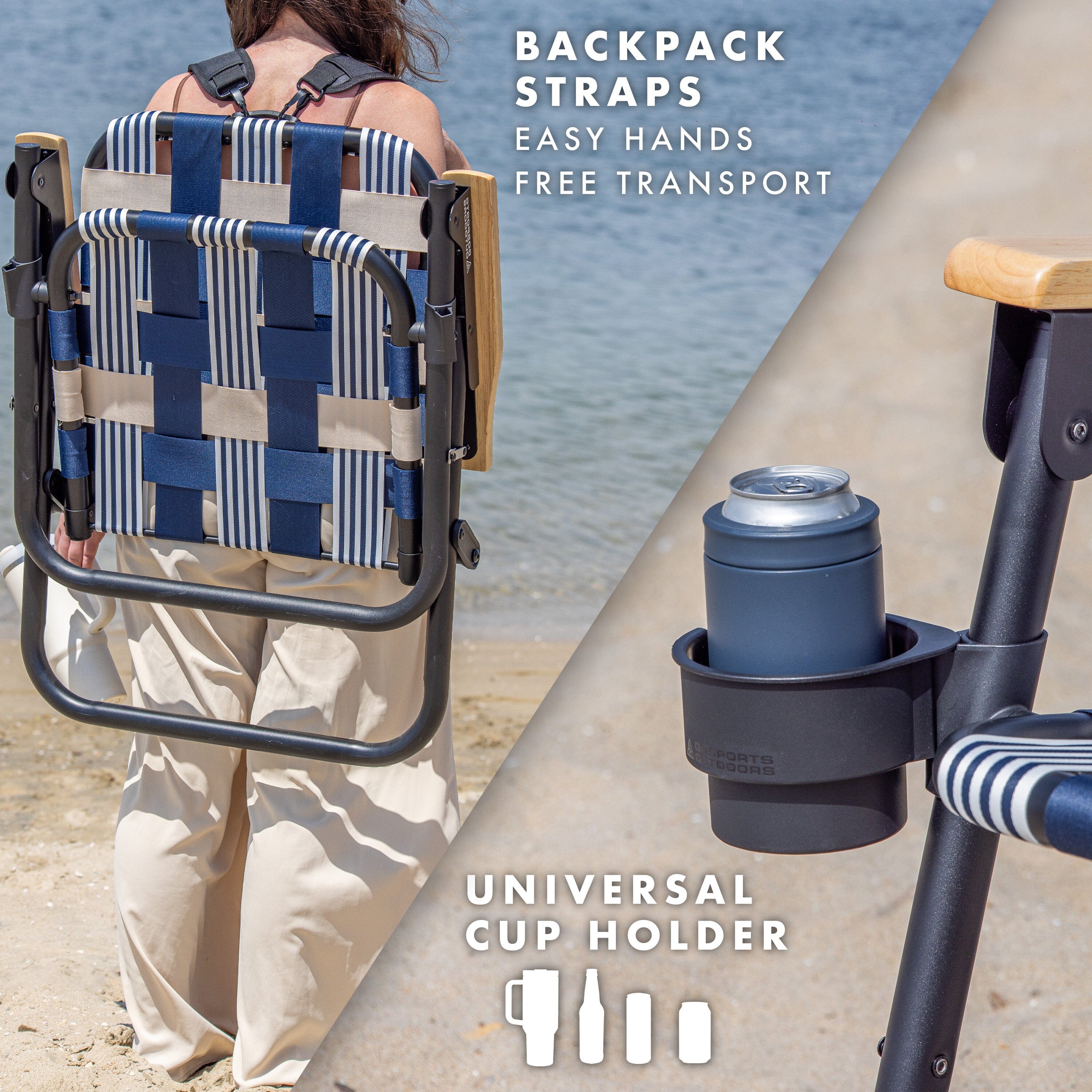 a woman walking on the beach carrying a backpack