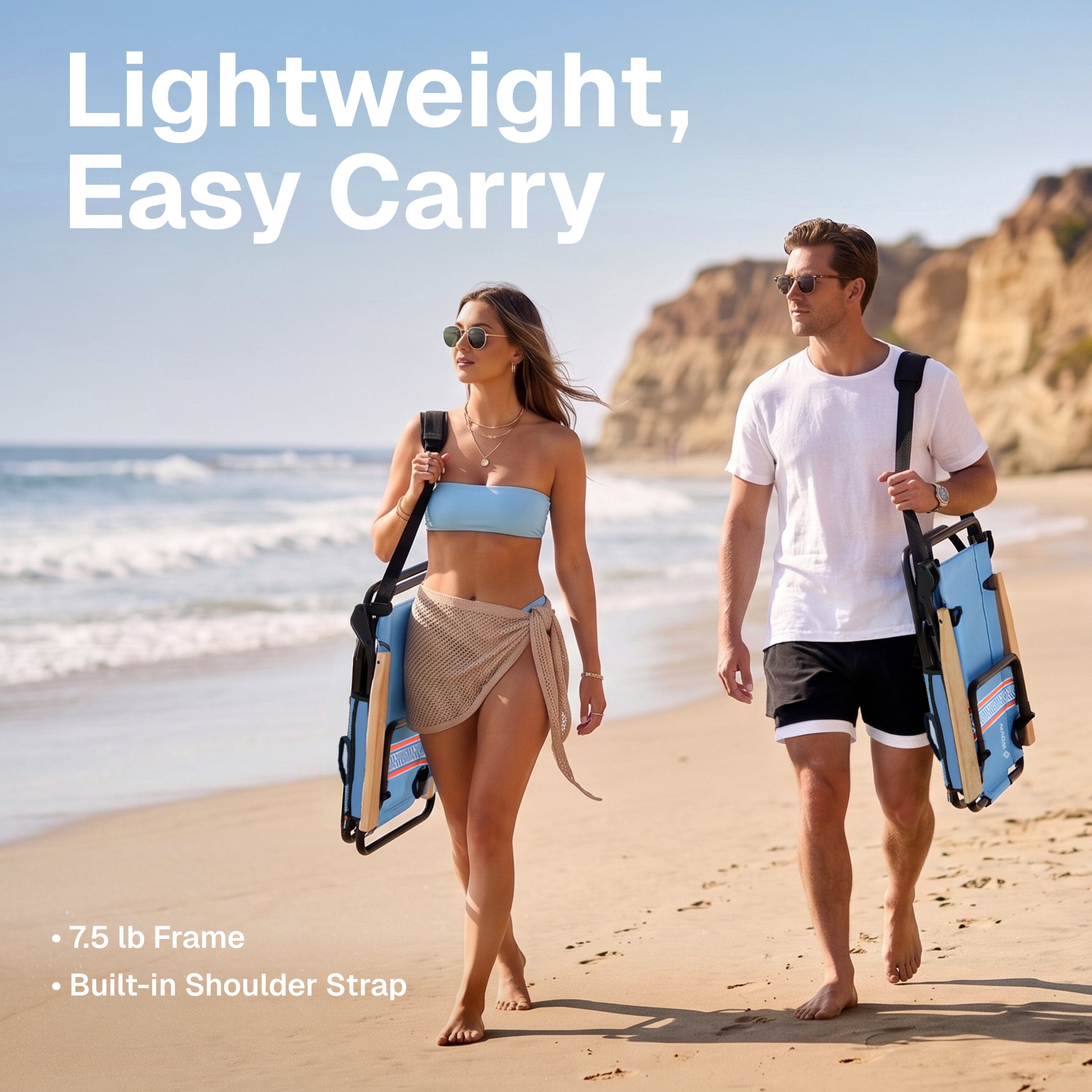 WOVN Premium Reclining Beach Chairs 2 Pack - Portable Lay Flat Folding Beach Chair for Adults - Includes Shoulder Backpack Strap, Pillow, 2 Pockets, and Cup Holder - Baja Beach Chair Playgosports.com