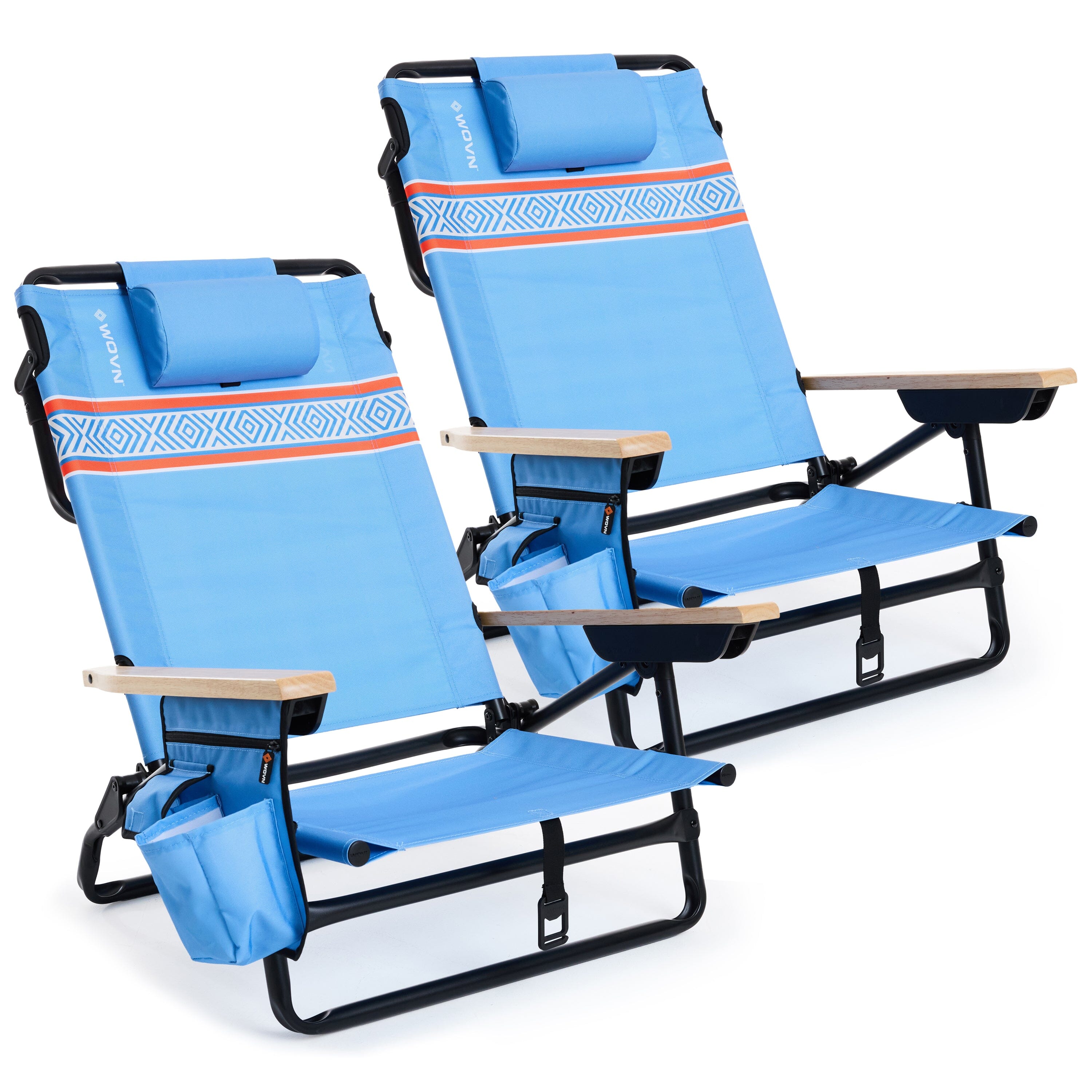 WOVN Premium Reclining Beach Chairs 2 Pack - Portable Lay Flat Folding Beach Chair for Adults - Includes Shoulder Backpack Strap, Pillow, 2 Pockets, and Cup Holder - Baja Beach Chair Playgosports.com Baja