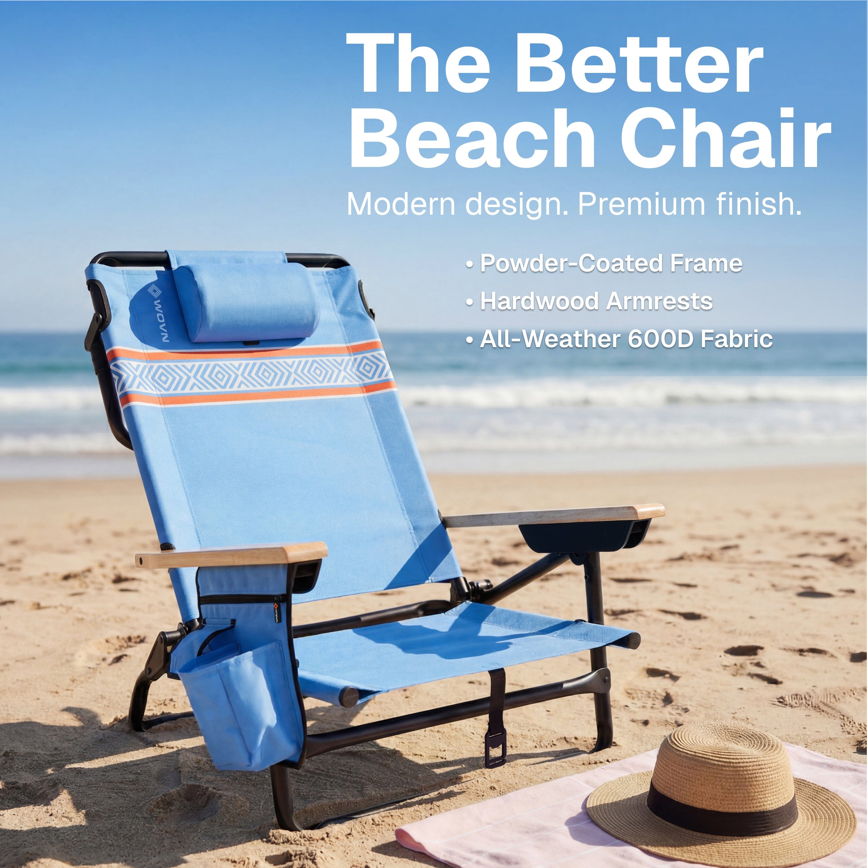 WOVN Premium Reclining Beach Chairs - Portable Lay Flat Folding Beach Chair for Adults - Includes Shoulder Backpack Strap, Pillow, 2 Pockets, and Cup Holder - Baja Beach Chair Playgosports.com