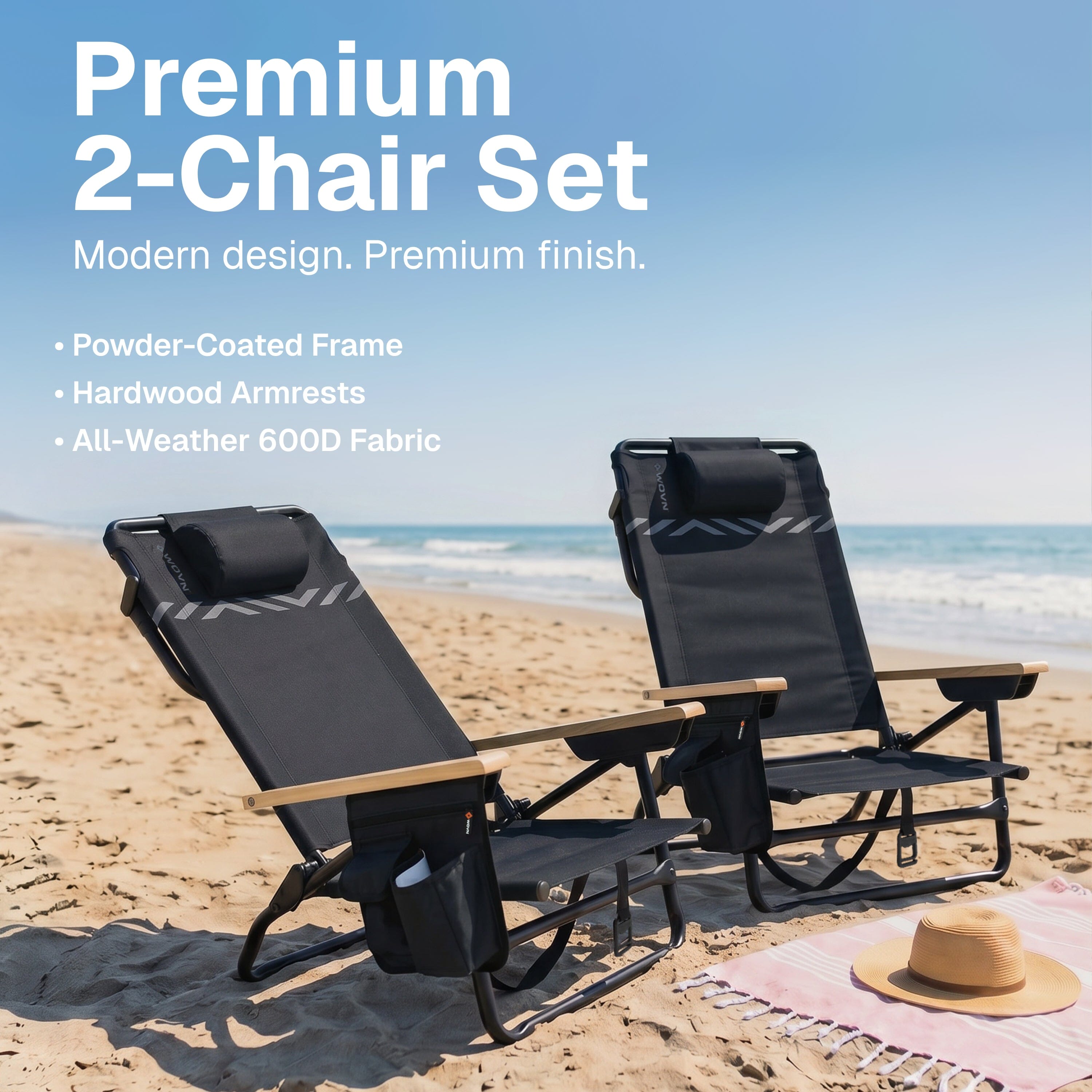 WOVN Premium Reclining Beach Chairs 2 Pack - Portable Lay Flat Folding Beach Chair for Adults - Includes Shoulder Backpack Strap, Pillow, 2 Pockets, and Cup Holder - Baja Beach Chair Playgosports.com