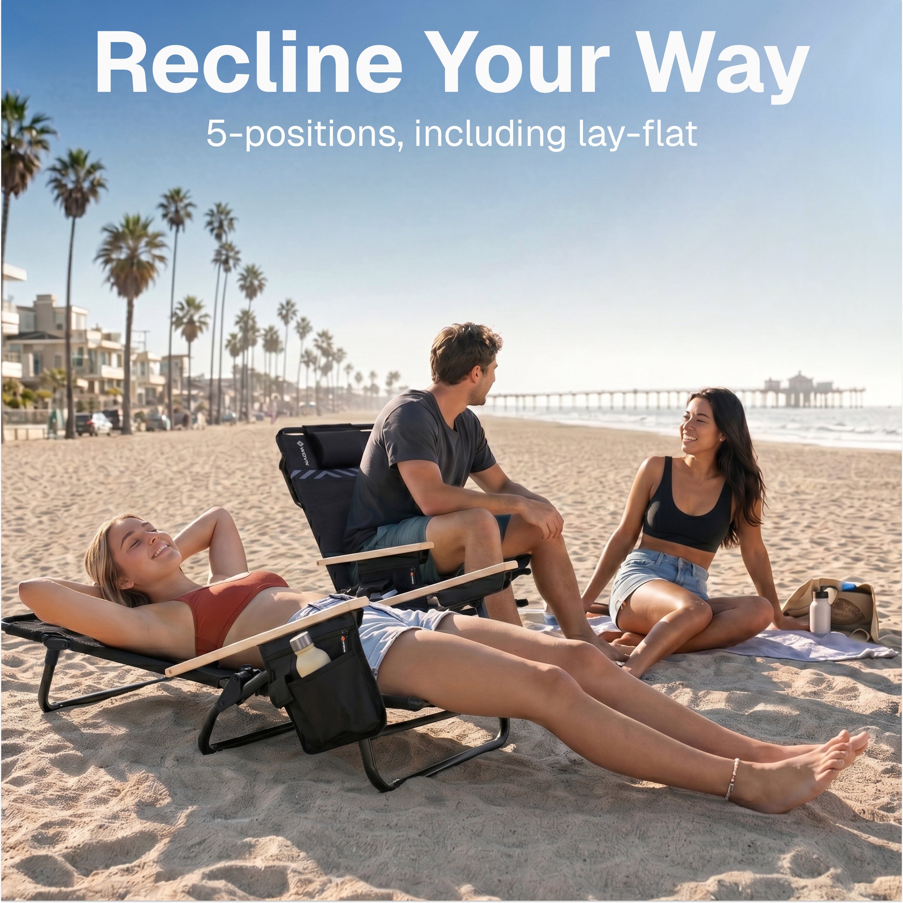 WOVN Premium Reclining Beach Chairs 2 Pack - Portable Lay Flat Folding Beach Chair for Adults - Includes Shoulder Backpack Strap, Pillow, 2 Pockets, and Cup Holder - Baja Beach Chair Playgosports.com