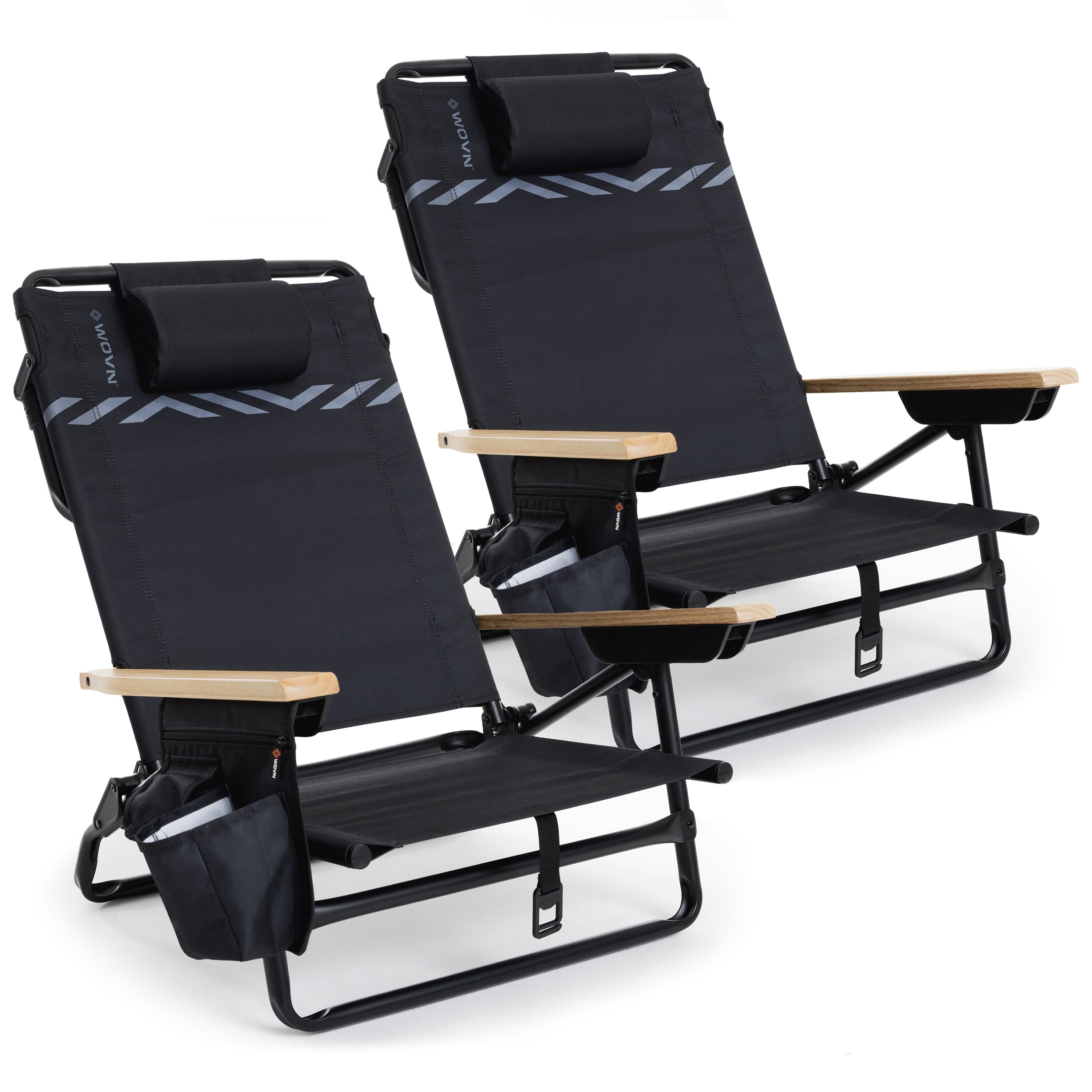 WOVN Premium Reclining Beach Chairs 2 Pack - Portable Lay Flat Folding Beach Chair for Adults - Includes Shoulder Backpack Strap, Pillow, 2 Pockets, and Cup Holder - Baja Beach Chair Playgosports.com Black