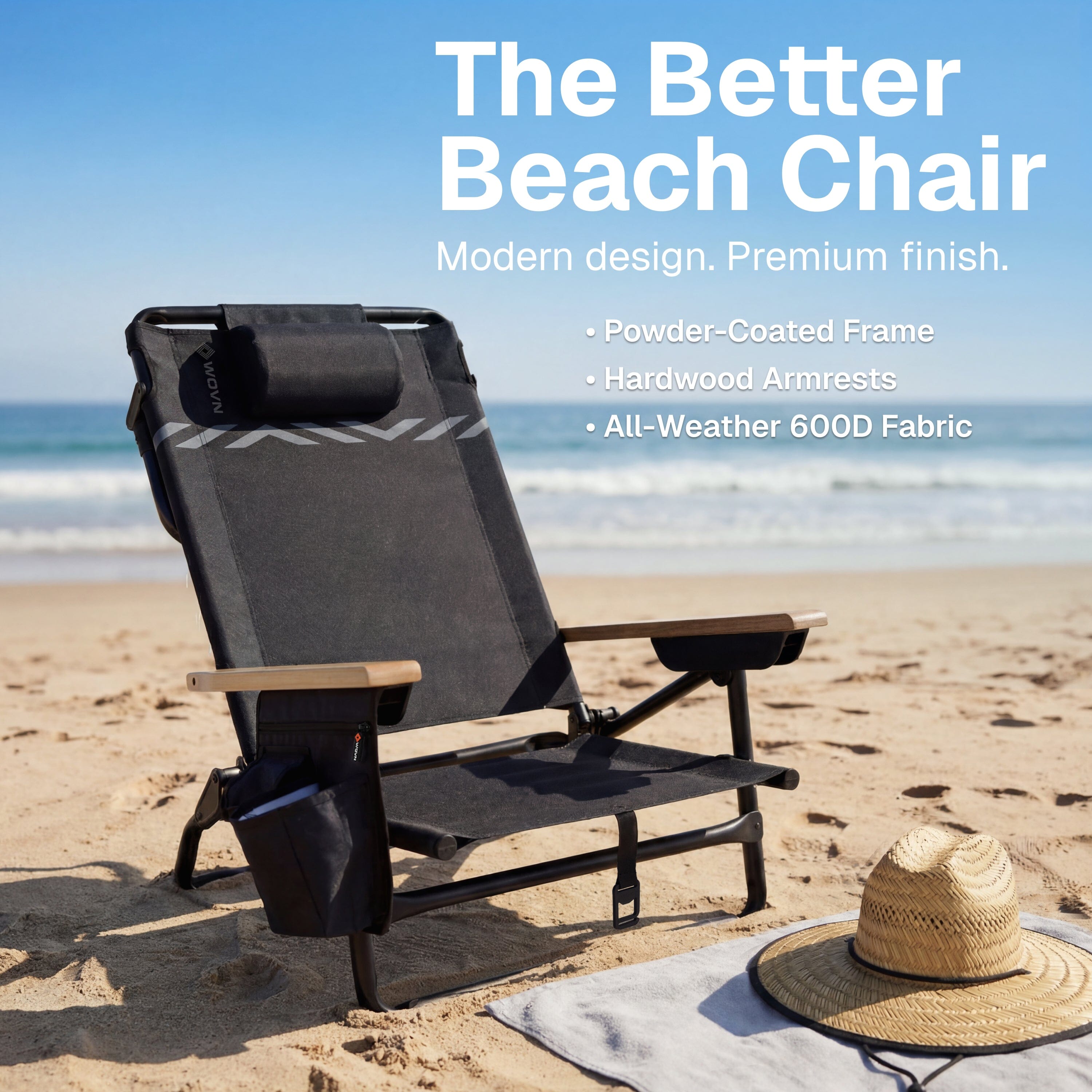 WOVN Premium Reclining Beach Chairs - Portable Lay Flat Folding Beach Chair for Adults - Includes Shoulder Backpack Strap, Pillow, 2 Pockets, and Cup Holder - Baja Beach Chair Playgosports.com