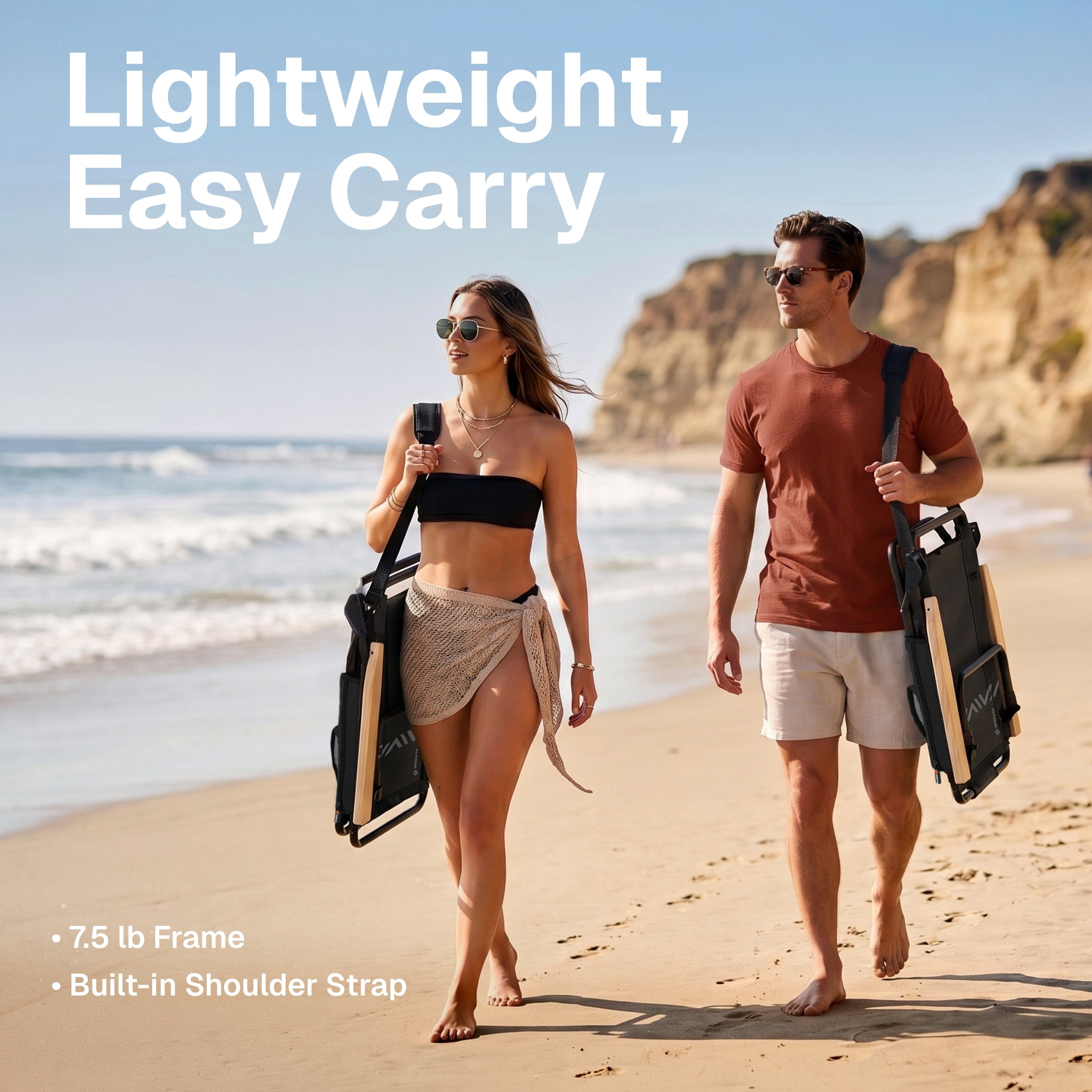 WOVN Premium Reclining Beach Chairs - Portable Lay Flat Folding Beach Chair for Adults - Includes Shoulder Backpack Strap, Pillow, 2 Pockets, and Cup Holder - Baja Beach Chair Playgosports.com
