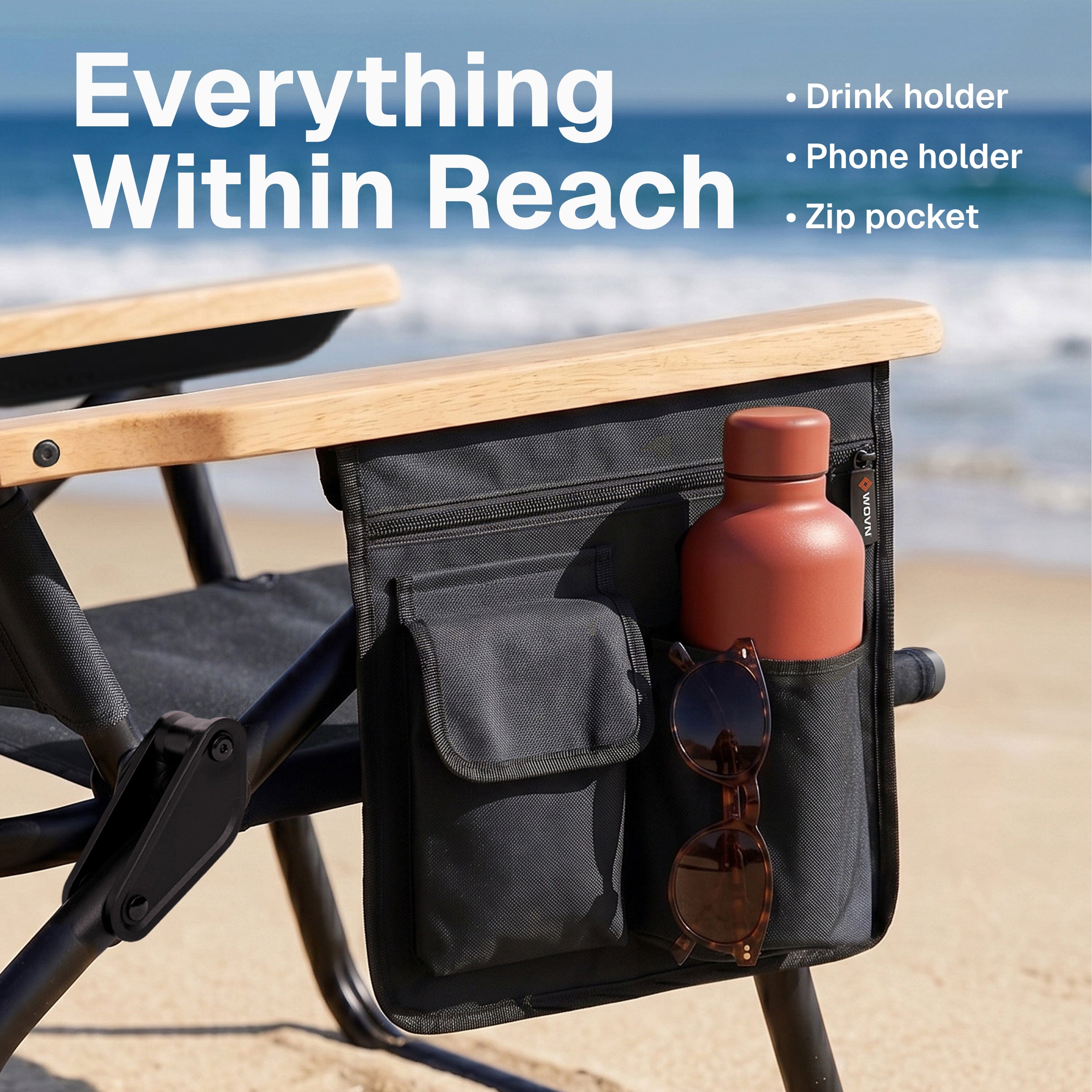WOVN Premium Reclining Beach Chairs - Portable Lay Flat Folding Beach Chair for Adults - Includes Shoulder Backpack Strap, Pillow, 2 Pockets, and Cup Holder - Baja Beach Chair Playgosports.com